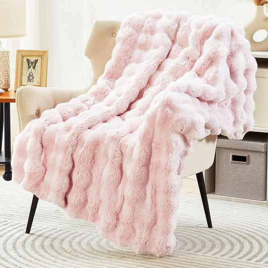 DREAMNINE Decorative Soft Thick Fuzzy Bubble Faux Rabbit Fur Throw Blanket for Couch Sofa, Reversible Plush Warm Fluffy Blankets for Winter, Luxury Cute Cozy Furry Fur Blanket for Bed, 50" x 60", Pink