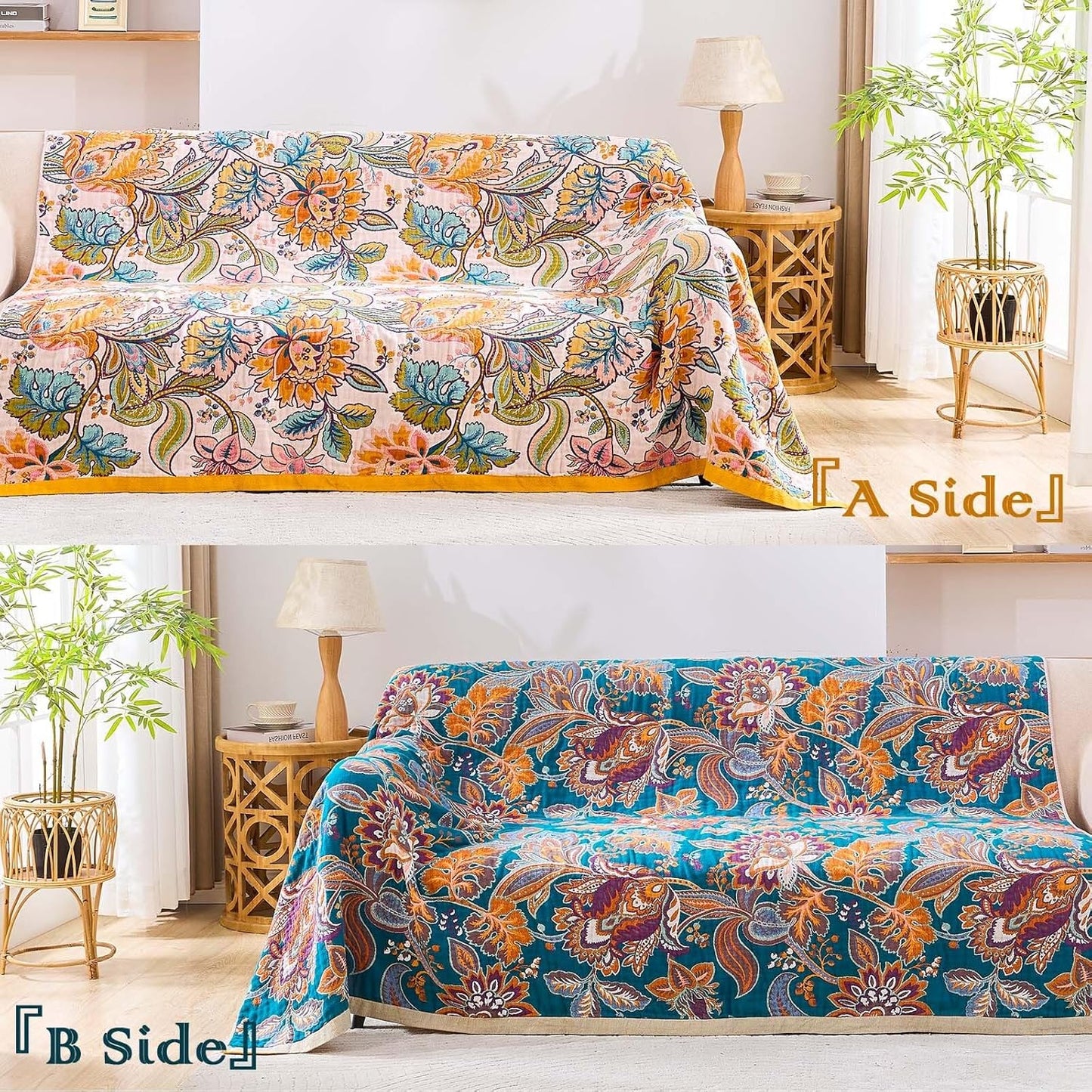 Boho Throw Blanket for Bed, 100% Cotton Soft Rustic Quilt Fall Blanket, 80"x90" Floral Printed Farmhouse Decor Bed Blankets, All Season Rustic Reversible Bohemian Throw Quilt