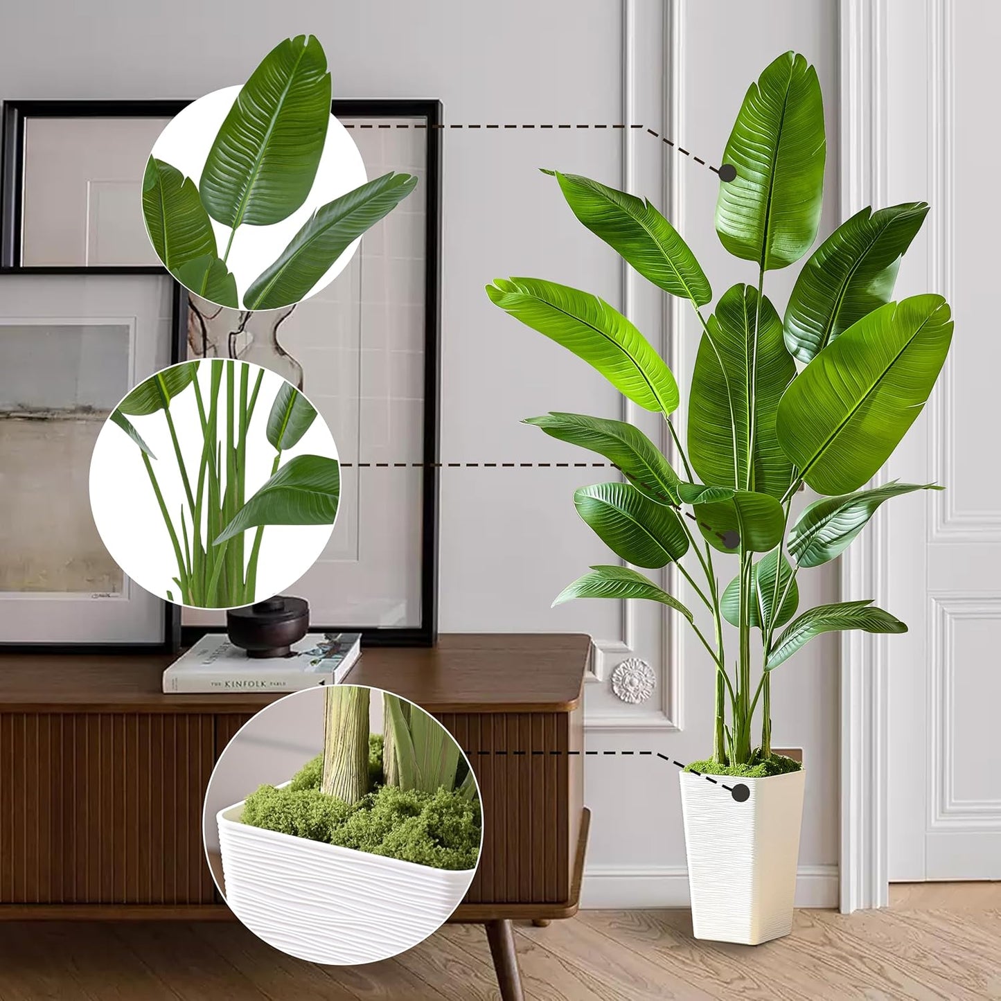 Lifelike Bird of Paradise Silk Artificial Plant Faux Banana Leaf Tree for Home Decor - Perfect Indoor Floor Plant with 11 Trunks (1, White Tall Planter, 6.6 FT)