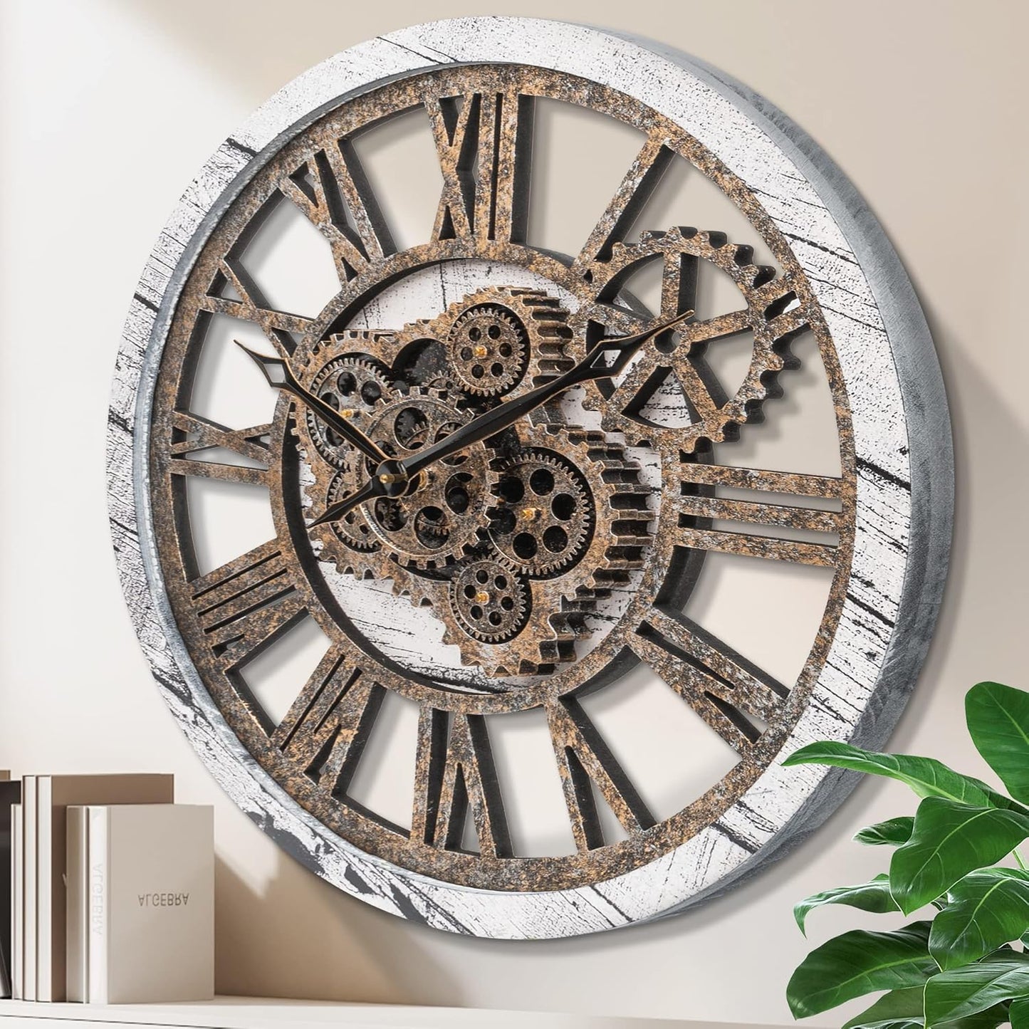 HOIBAI Large Wall Clock, 20 Inch Wall Clocks for Living Room Decor Farmhouse Vintage Rustic Kitchen Wall Decor Vintage Roman Big Oversized Wall Clock for Home Bedroom House Office, Moving Gears Clock