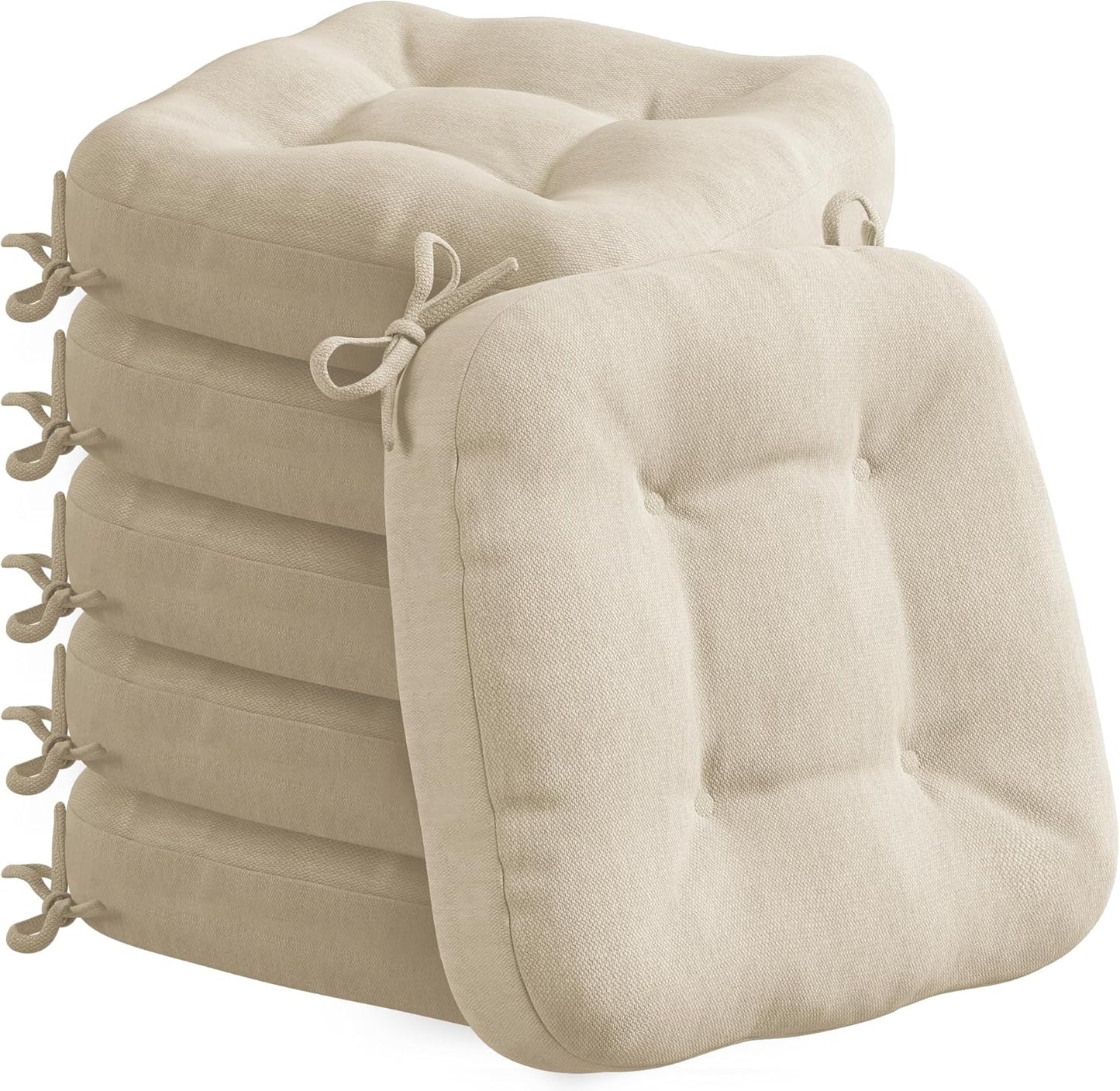 Codi 6 Pack Dining Chair Cushions, Thick Chairs Pads for Indoor Kitchen Room - Washable, Non-Slip Seat Cushion with Ties, 16.5"x16.5"x 3.5", Set of 6, Beige