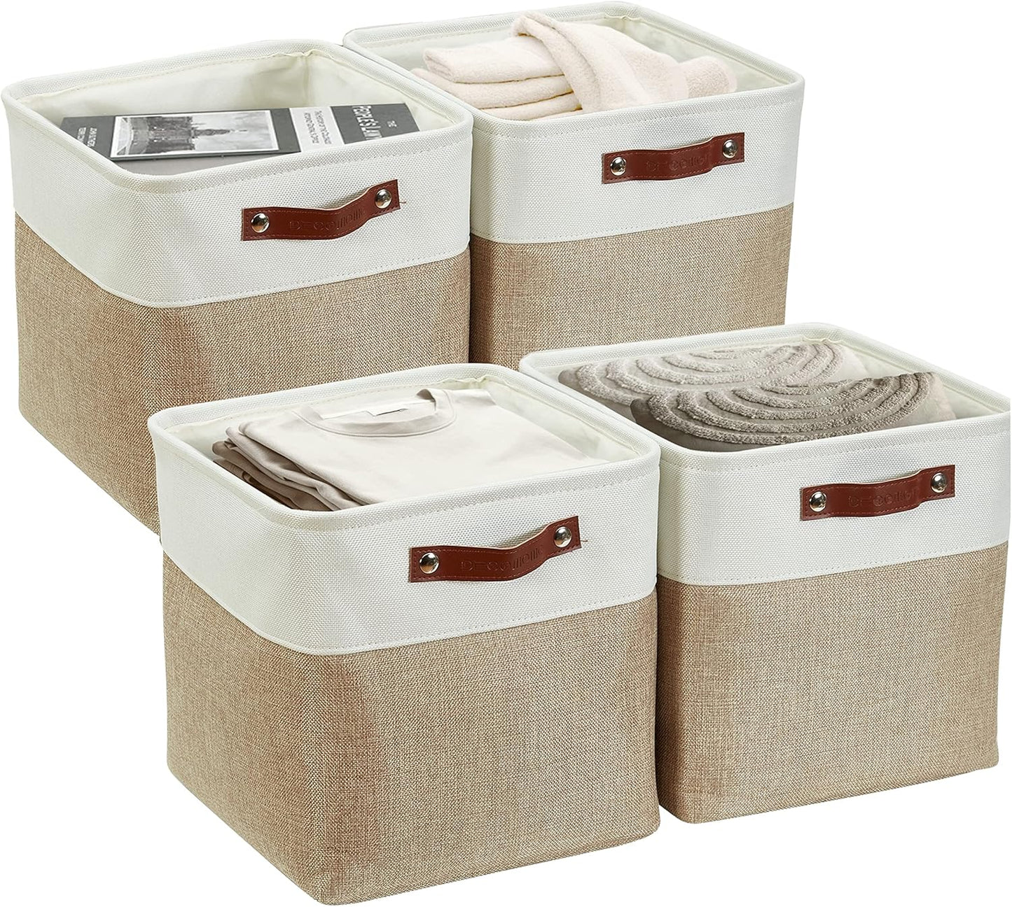 DECOMOMO 13 Inch Cube Storage Bins, Fabric Storage Cube, Basket for Kallax Shelves (Beige & White, Cube 13" - 4 Pack)