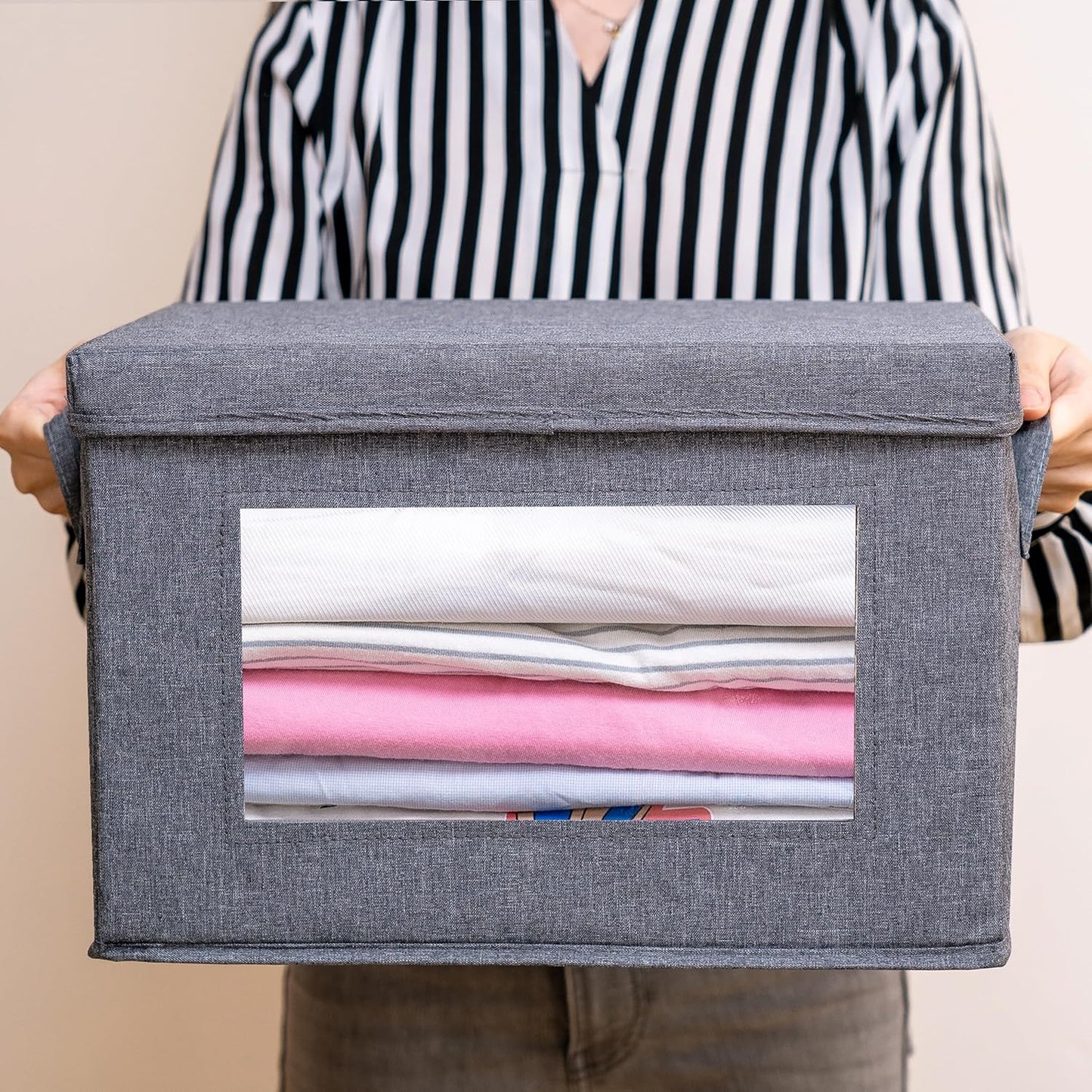 Citylife 3-Pack Collapsible Storage Bins with Lids, Linen Fabric Foldable Storage Boxes, Cube Closet Organization for Clothes, Blankets and Books, Gray