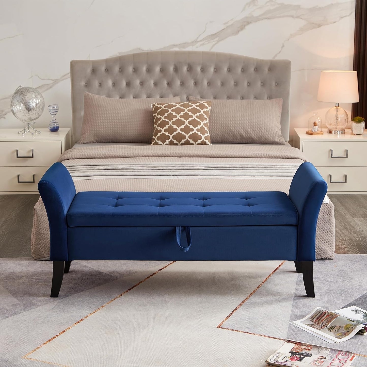 Furniliving Storage Ottoman Bench, Velvet Benches End of Bed Bench with Solid Wood Legs Upholstered Ottoman Bench with Storage Indoor Bench for Living Room with Rolled Arm, Entryway, NavyBlue