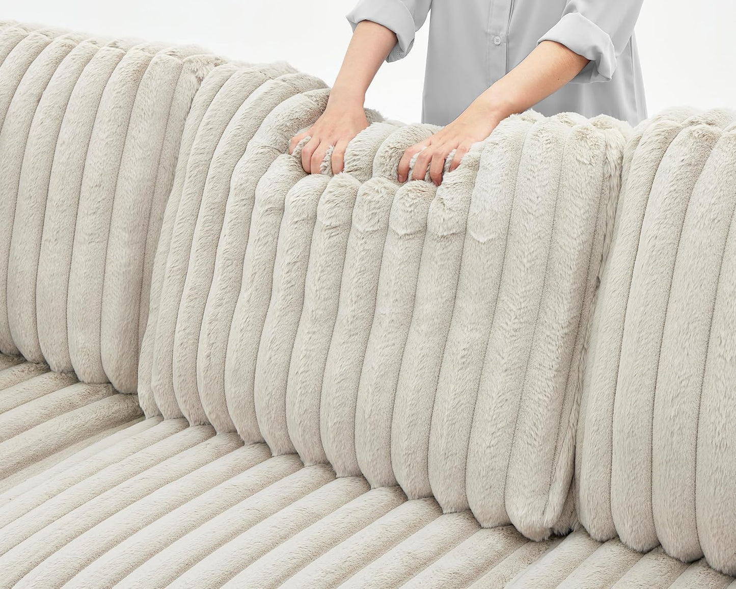 THSUPER 122-Inch Oversized U Shaped Plush Corduroy Fluffy Sectional Sleeper Sofa with Pull Out Bed, Storage Chaise Lounge and USB Charging Port - Beige