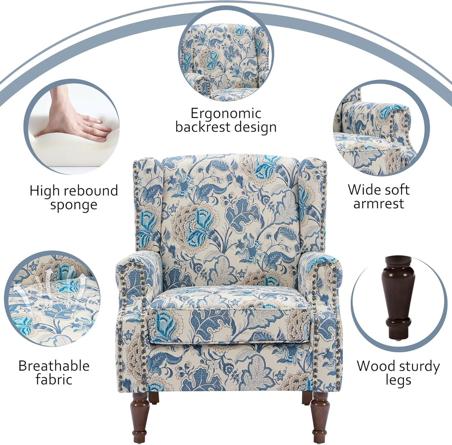 Lumibee Wingback Accent Chair, 2 Set High Back Floral Armchairs in Fabric,Comfy Upholstered Reading Single Sofa Chairs with Solid Wood Legs for Living Room,Bedroom,Office-Boho Blue
