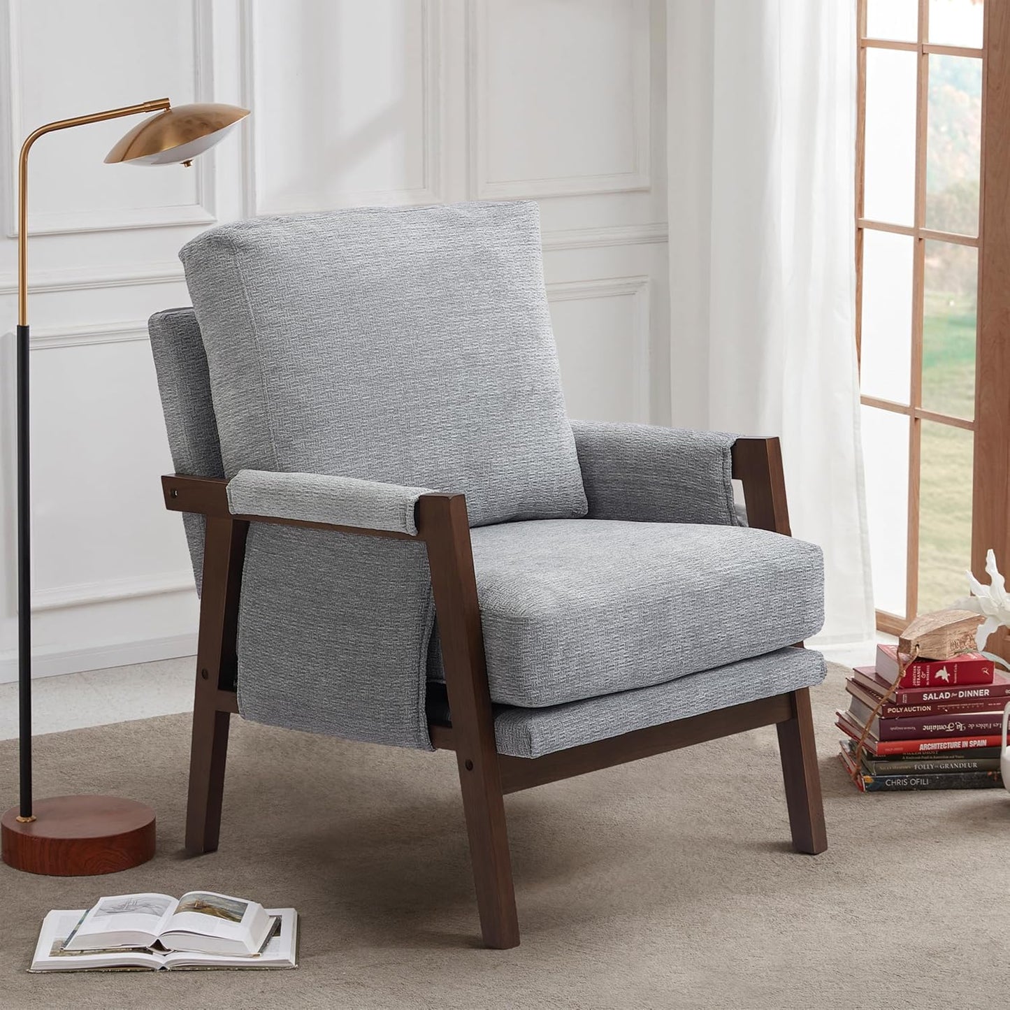 Modern Accent Chair for Living Room Mid Century Arm Chair Upholstered Bedroom Chair Comfy Lounge Chair with Solid Wood Frame, Grey