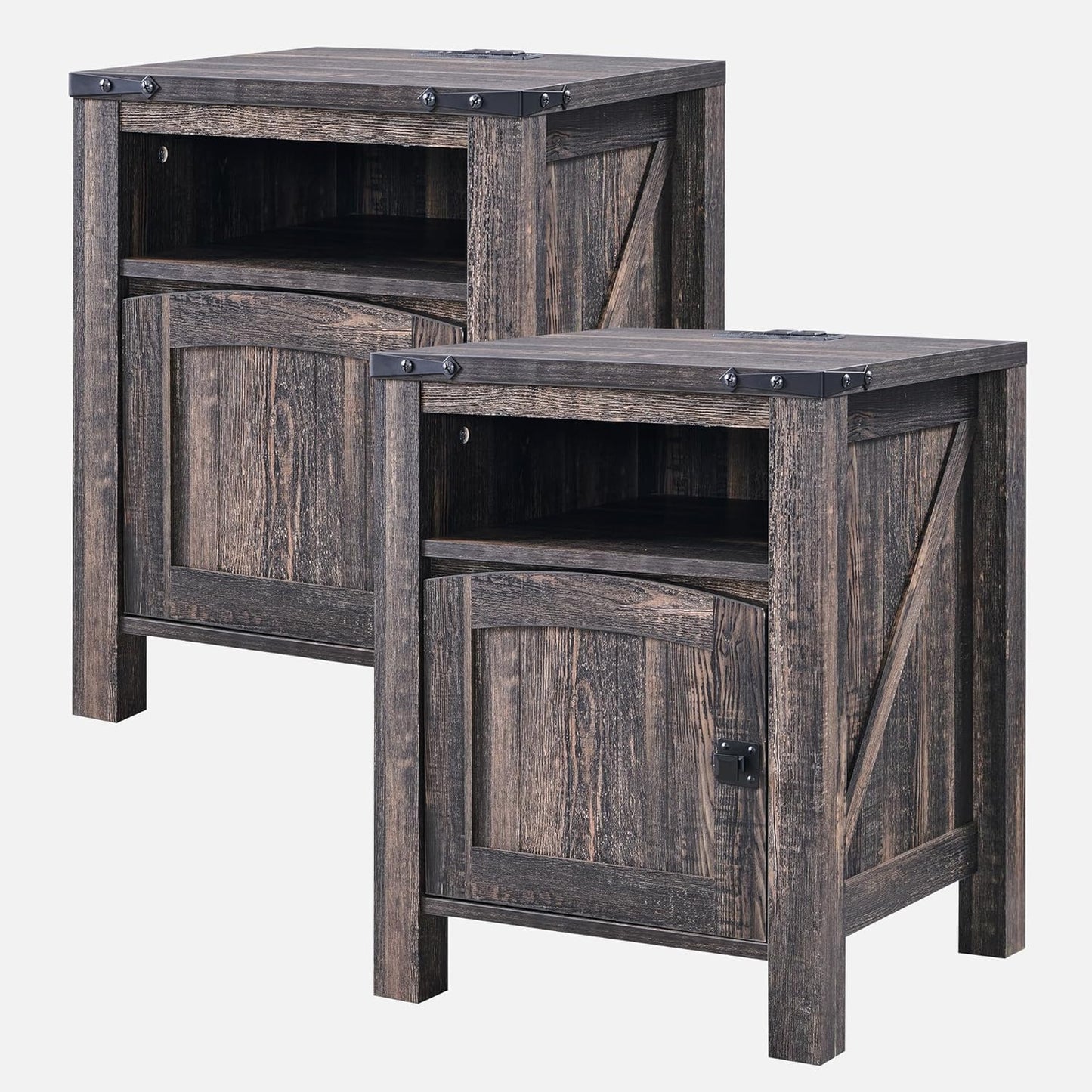 OKD Nightstand with Charging Station Set of 2, 18 Inchs Farmhouse End Table with Adjustable Storage Shelf, Rustic Wood Sofa Side Table for Bedroom