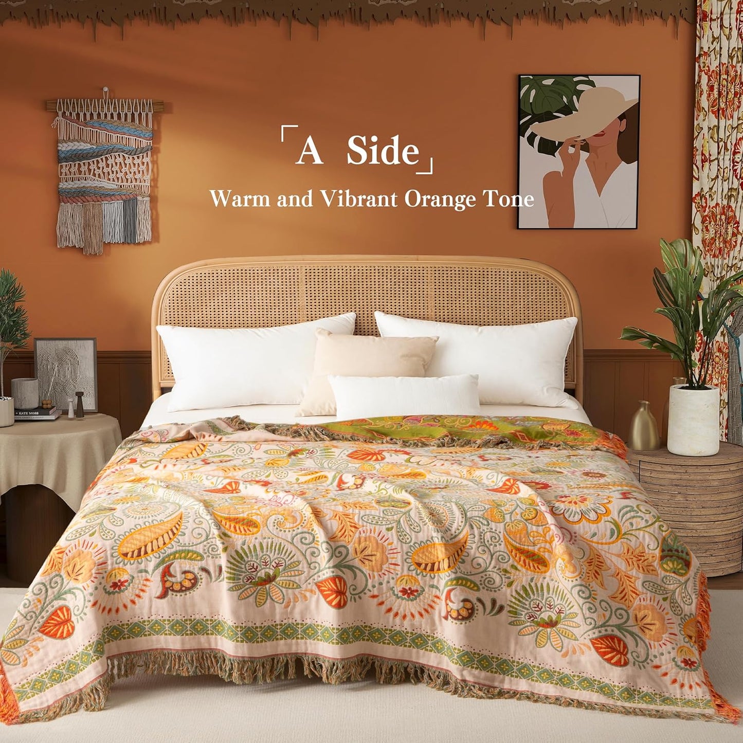 Boho Throw Blanket Queen Size, Oversized Soft Cozy Cotton Muslin Quilt Blanket for Bed Decor, Floral Patterned Couch Sofa Chair Cover, Vintage Farmhouse Cottage Woven Blanket, Coral&Green