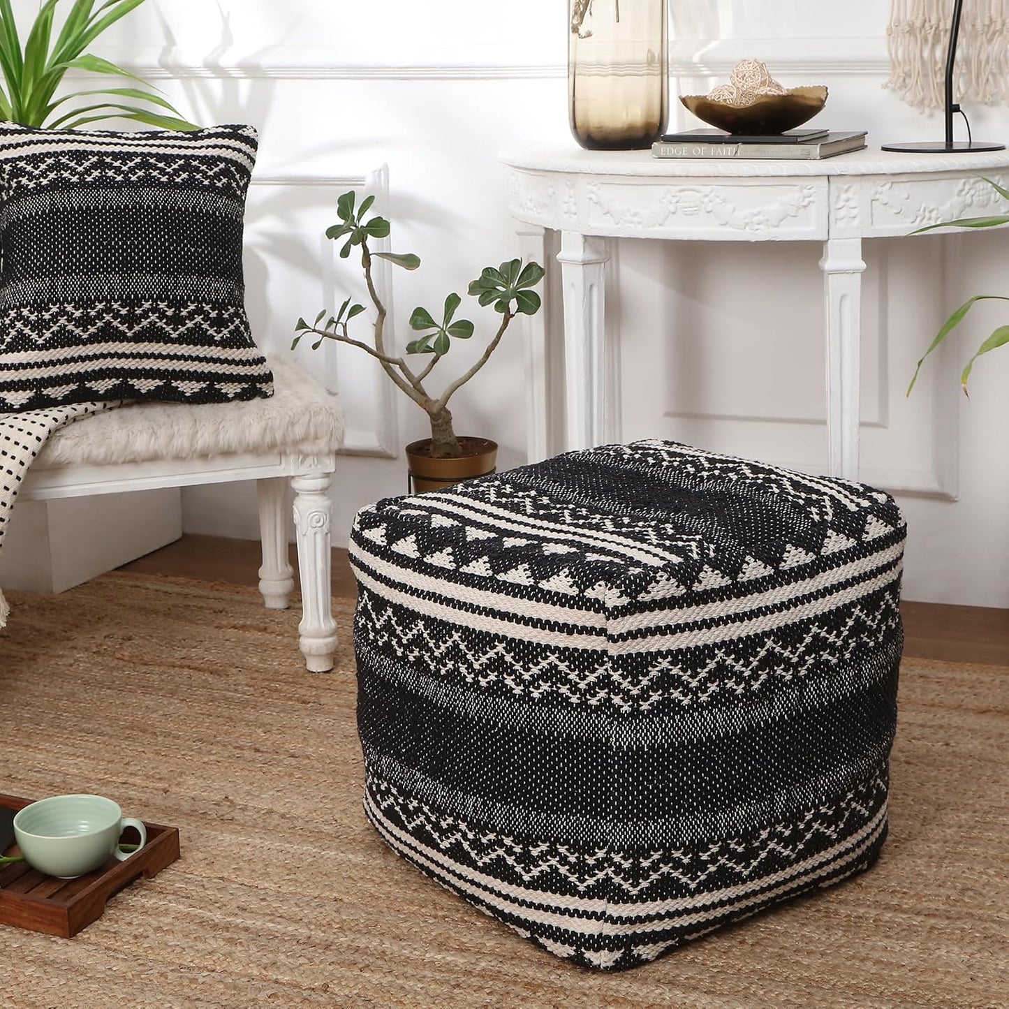 REDEARTH · Tufted Pouf Ottoman with Filler Textured Storage Cube Bean Bag Pouffe Footrest for Living Room, Bedroom, Nursery, Kidsroom; 100% Cotton (17.5"X17.5"X17.5", Ziggurat Obsession Black)