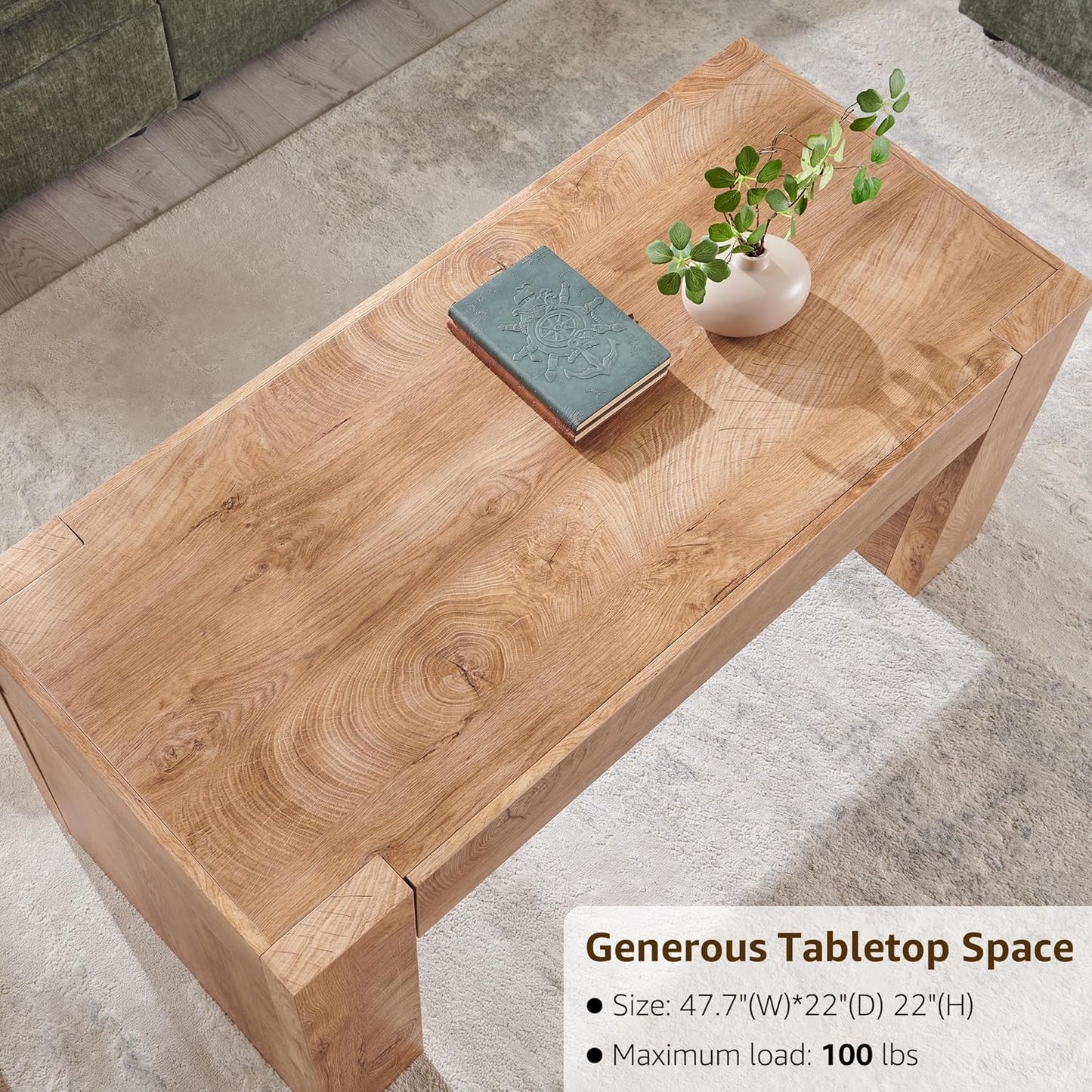 OKD 48" Modern Farmhouse Coffee Table, Wooden Living Room Table with Hidden Storage Drawer, Rustic Rectangular Center Tables w/Wood Thick Design for Living Room, Office, Light Knotty Wood