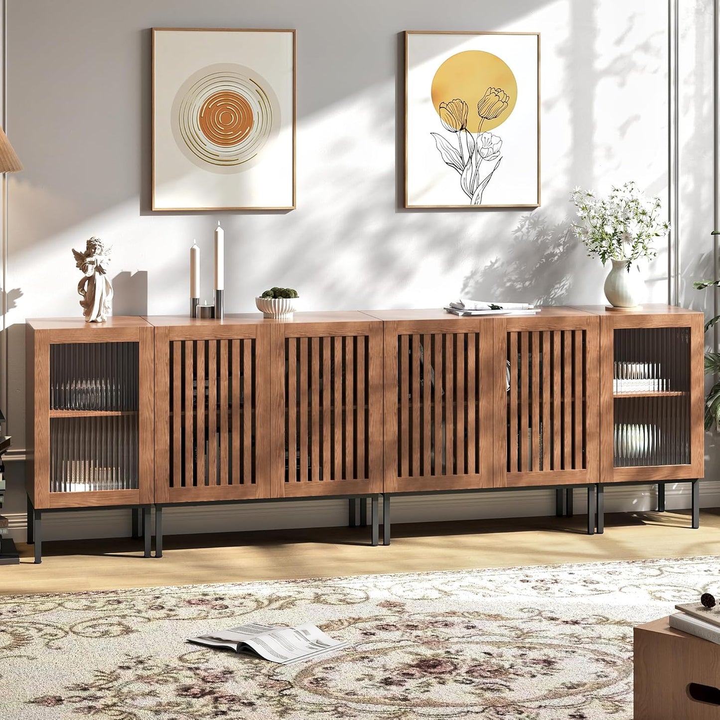 Farmhouse TV Stand for TVs up to 100 Inch, Entertainment Center TV Console with Storage Cabinets and Glass Doors,Media Console for Living Room,Brown