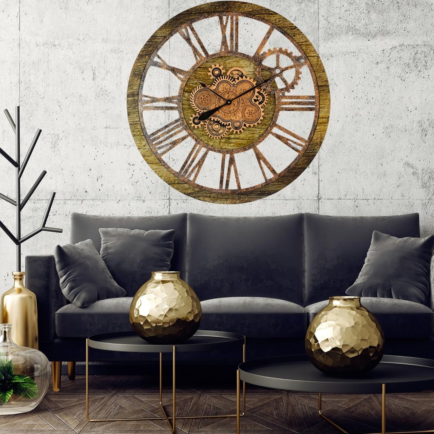 The Gears Clock 36'' Inch Real Moving Gear Wall Clock Vintage Industrial Oversized Rustic Farmhouse (Gold Antique)
