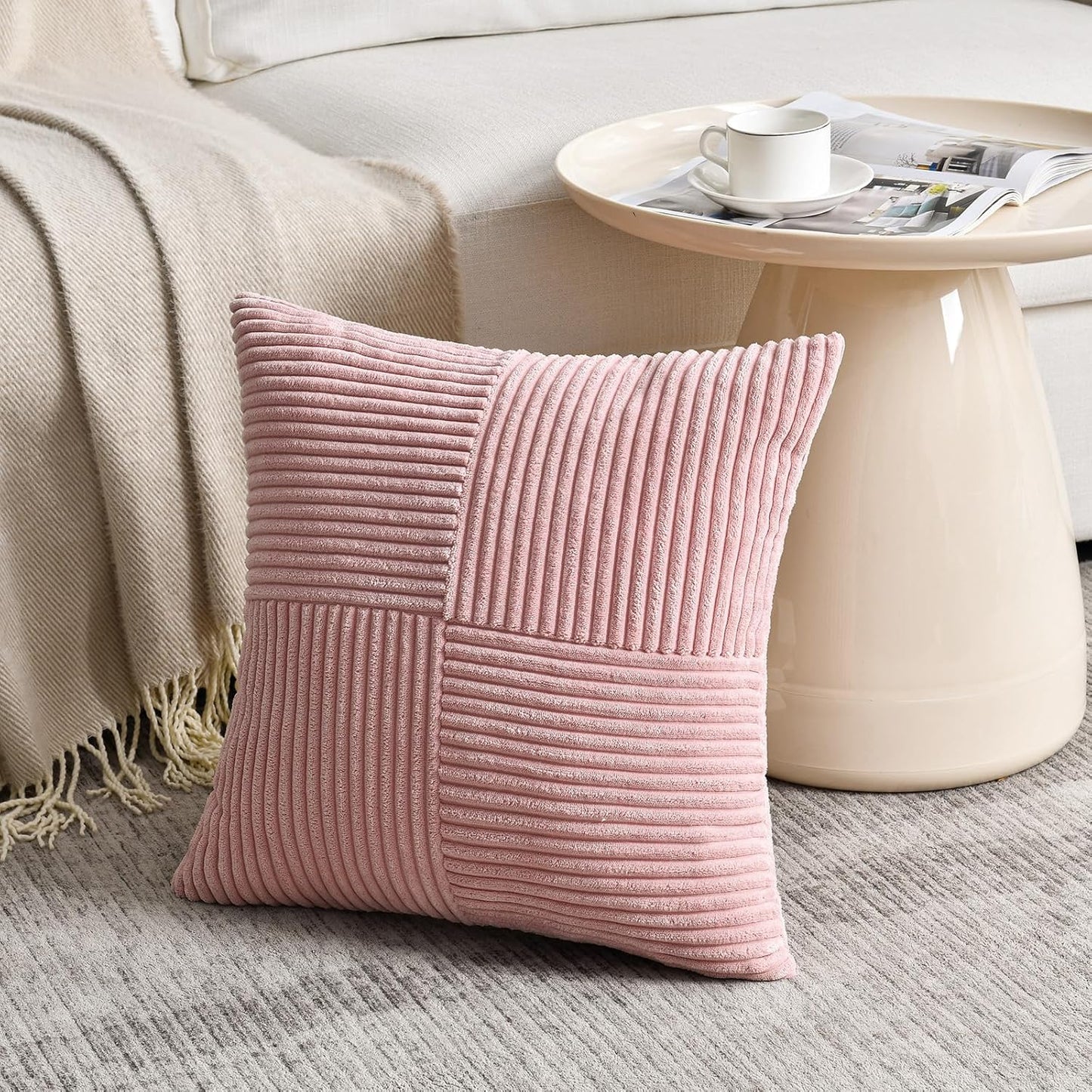 Fancy Homi 2 Packs Blush Pink Big Decorative Throw Pillow Covers 24x24 Inch for Living Room Couch Bed Sofa, Rustic Farmhouse Boho Home Decor, Soft Corss Corduroy Patchwork Accent Cushion Case 60x60 cm