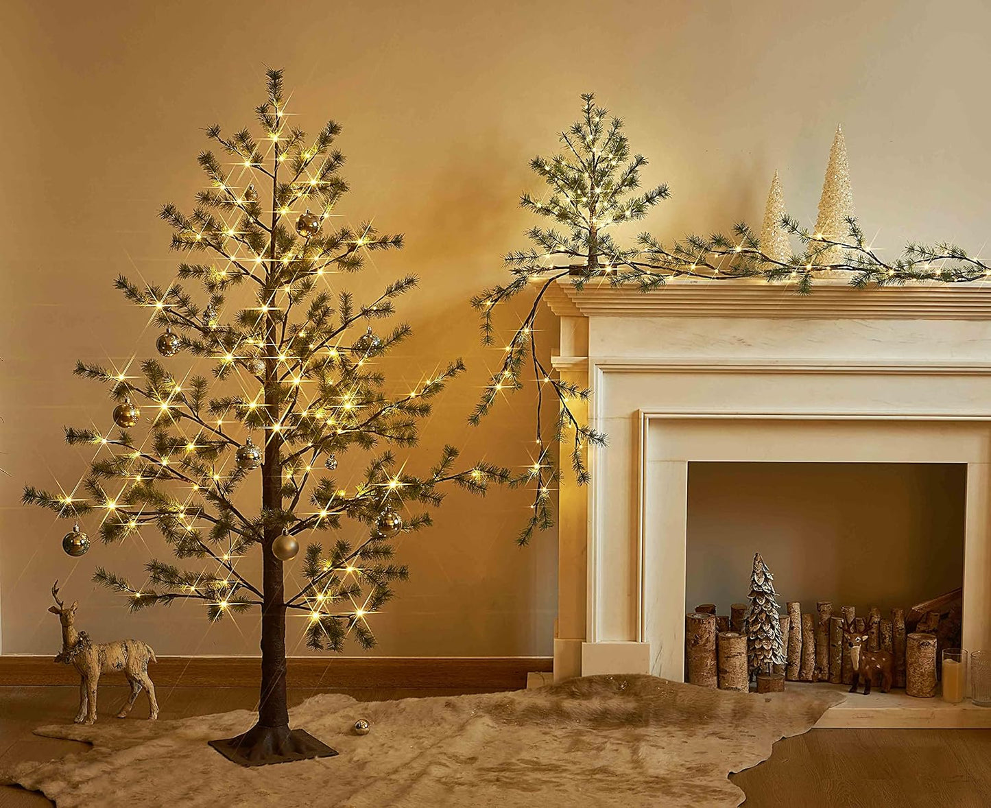 Hairui Christmas Tabletop Pine Tree Lights 60 LED 18IN Battery or USB Oprerated with Timer, Lighted Pine Tree for Home Winter Holiday Decor Indoor Use