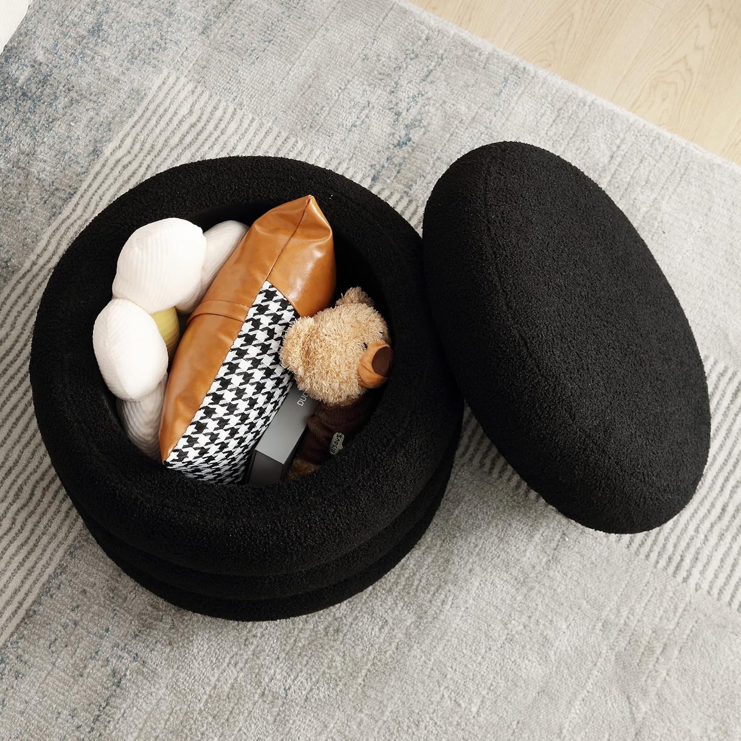 ONEVOG Sherpa Storage Ottoman, Foot Rest Stool Seat for Living Room, Black Vanity Foot Pouf, Tufted Footstool with Removable Lid for Dorm, Bedroom