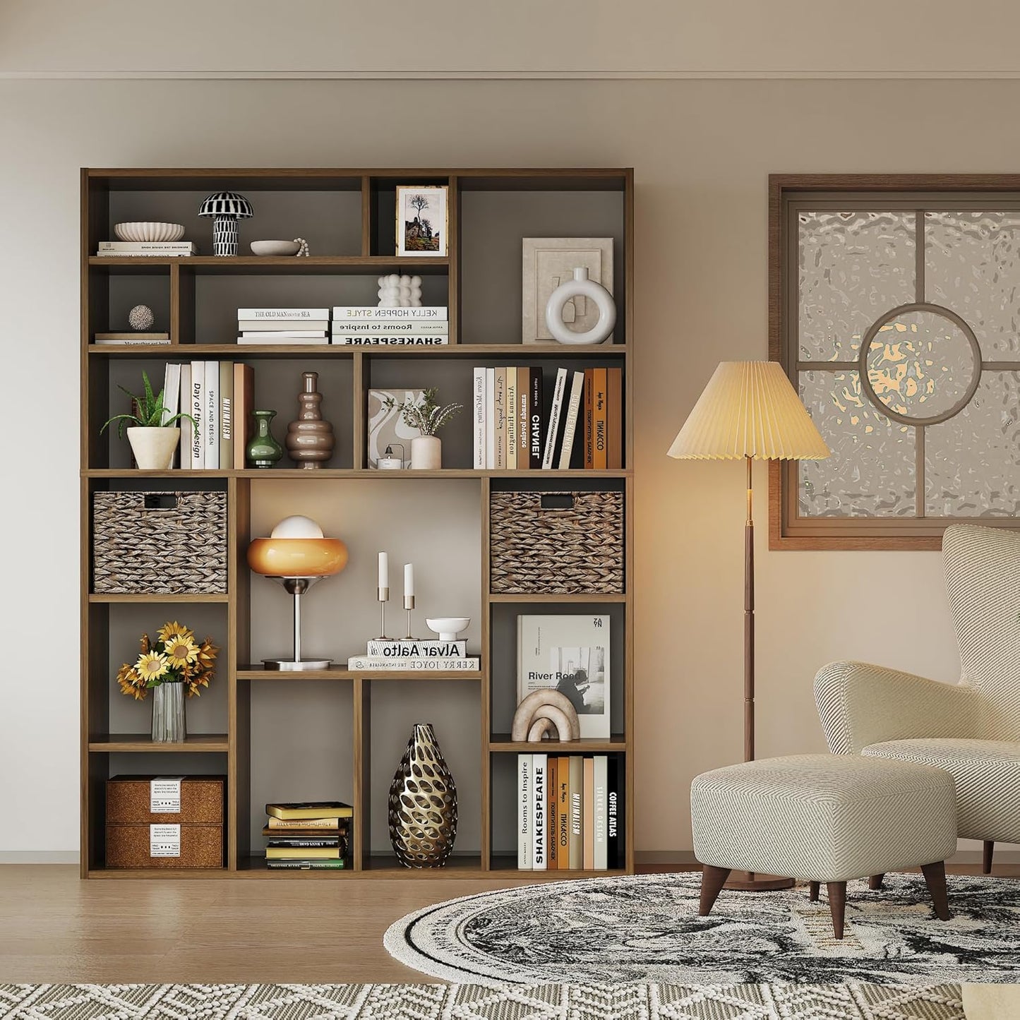 71” Tall Wooden Bookcase 6-Tier Large Bookshelves with 2 Woven Baskets, 55" Wide Floor Standing Wood Display Organizer Shelves for Living Room（Brown）