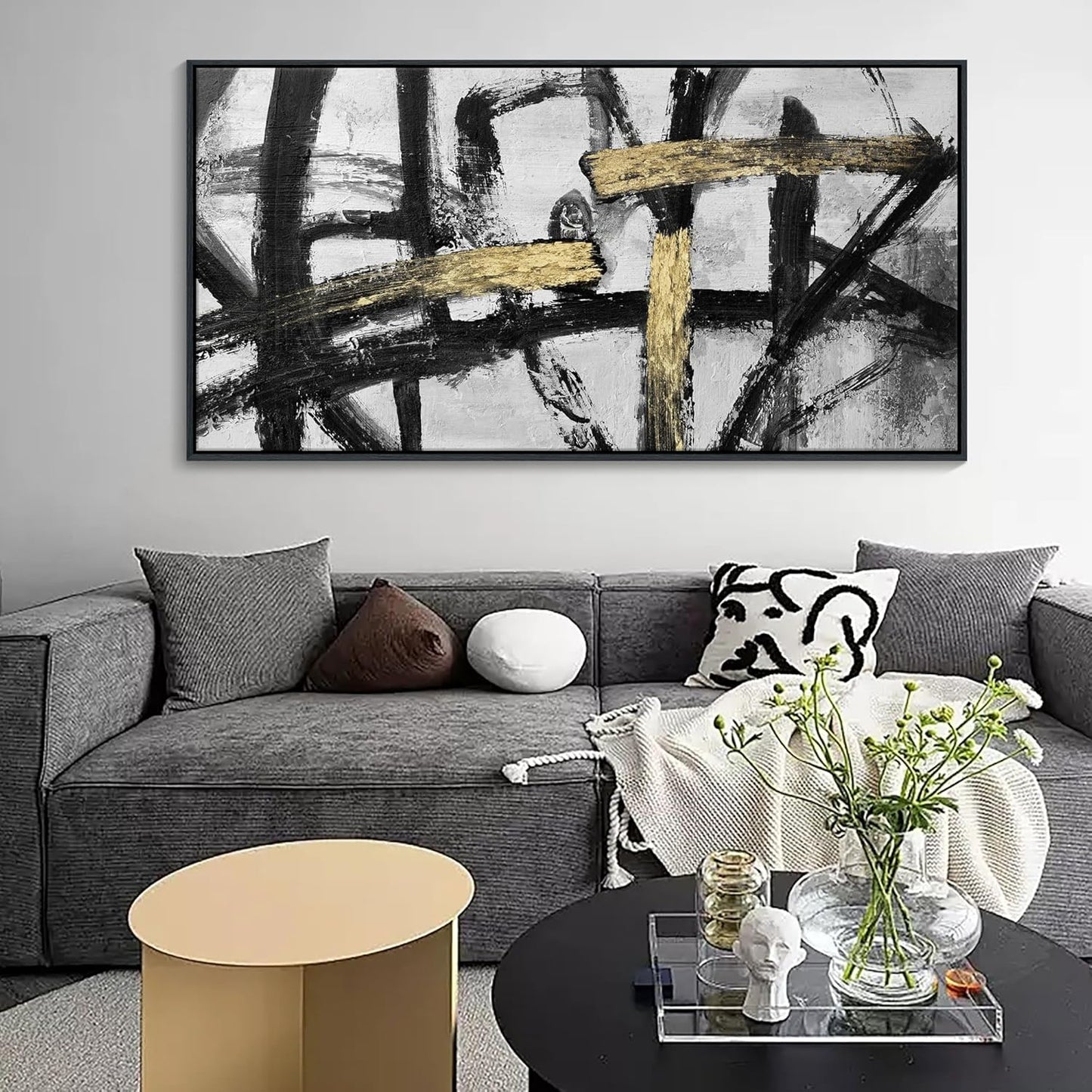 CHATYOUNG Wall Art Modern Abstract Paintings - Large Golden Thread Canvas Prints Black White and Gold Interweaving Wall Pictures Prefer for Bedroom Living Room Office Decor,Framed, 29 x 58 In