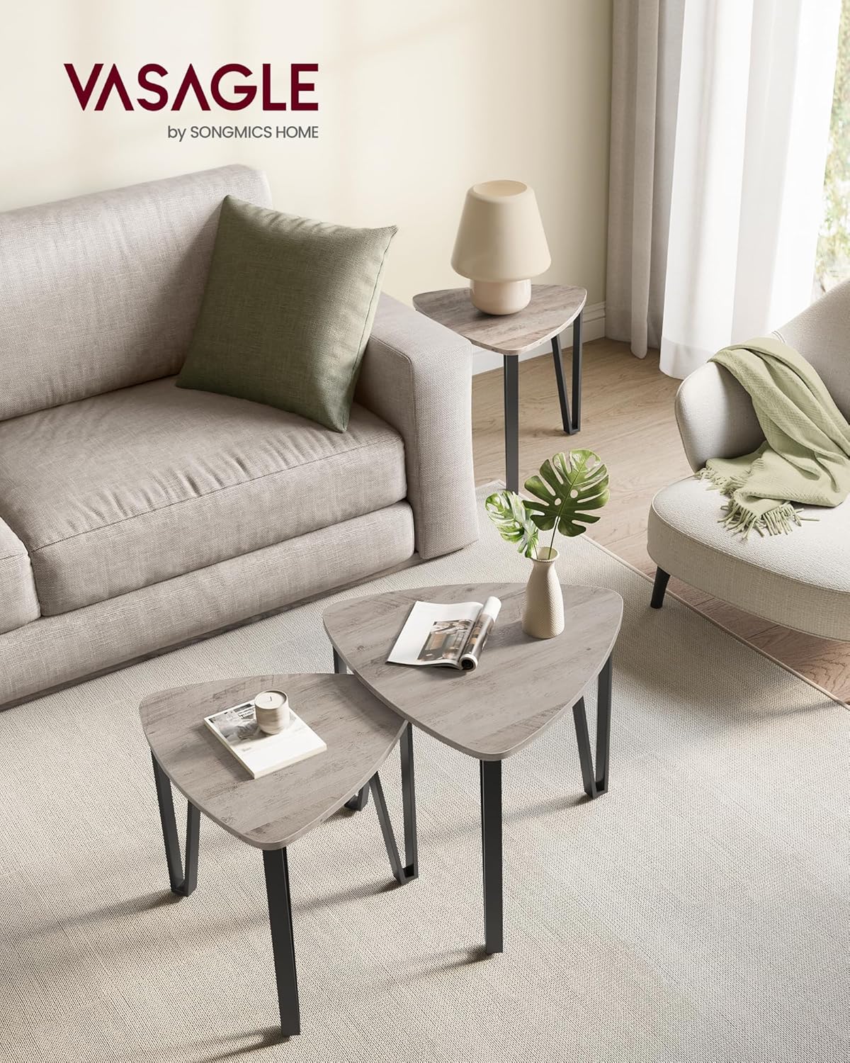 VASAGLE Nesting Coffee Tables, End Tables Set of 2 for Living Room Bedroom, Industrial Small Stacking Side Tables with Metal Frame for Couch, Heather Greige and Black ULET013B02