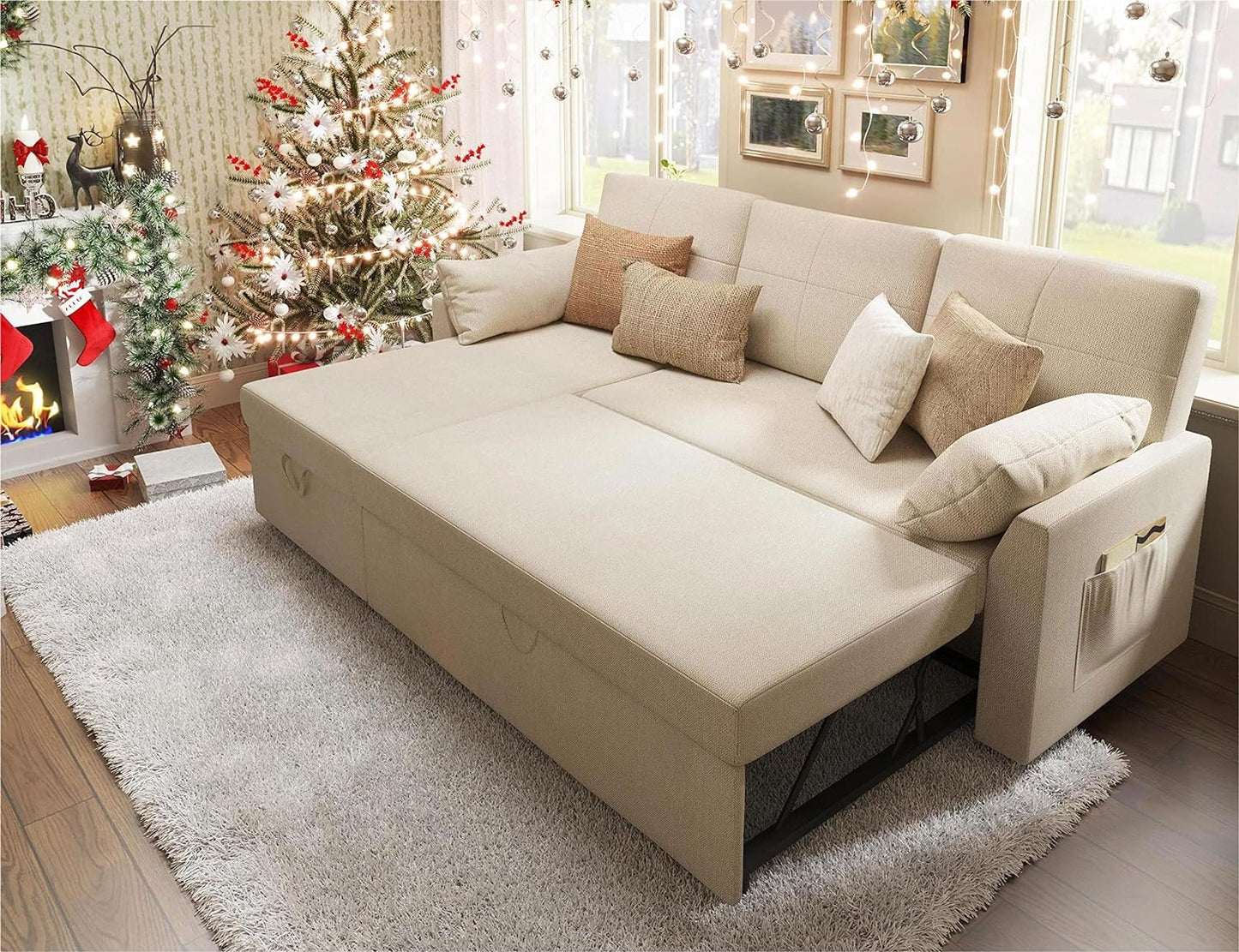 VanAcc Sleeper Sofa, Sofa Bed- 2 in 1 Pull Out Couch Bed with Storage Chaise for Living Room, Comfy Sleeper Couch, Beige Chenille