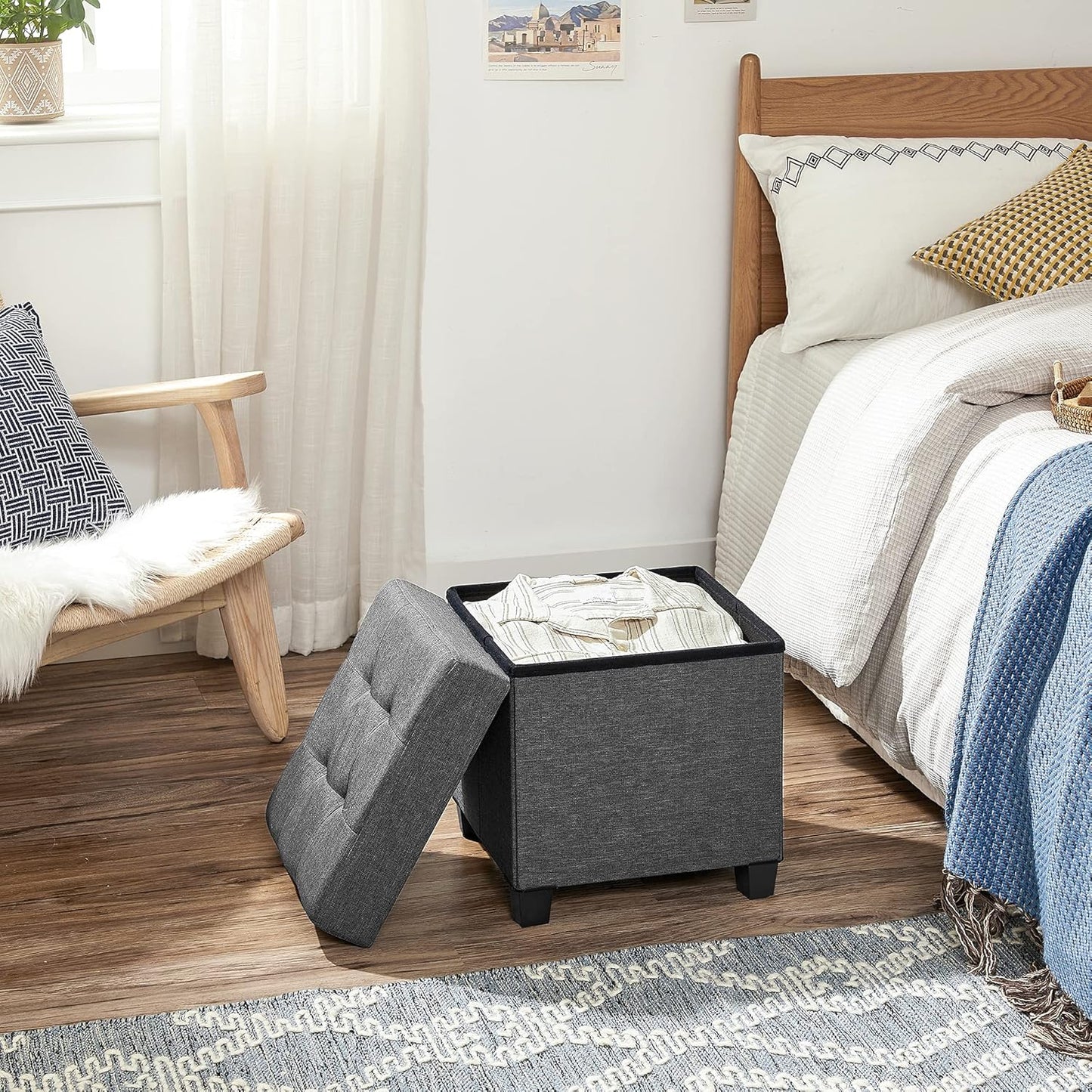 SONGMICS 15 Inches Cube Storage Ottoman, Bedroom Bench with Storage, Foot Stool with Feet, Holds Up to 660 lb, Dark Gray ULSF14GYZ