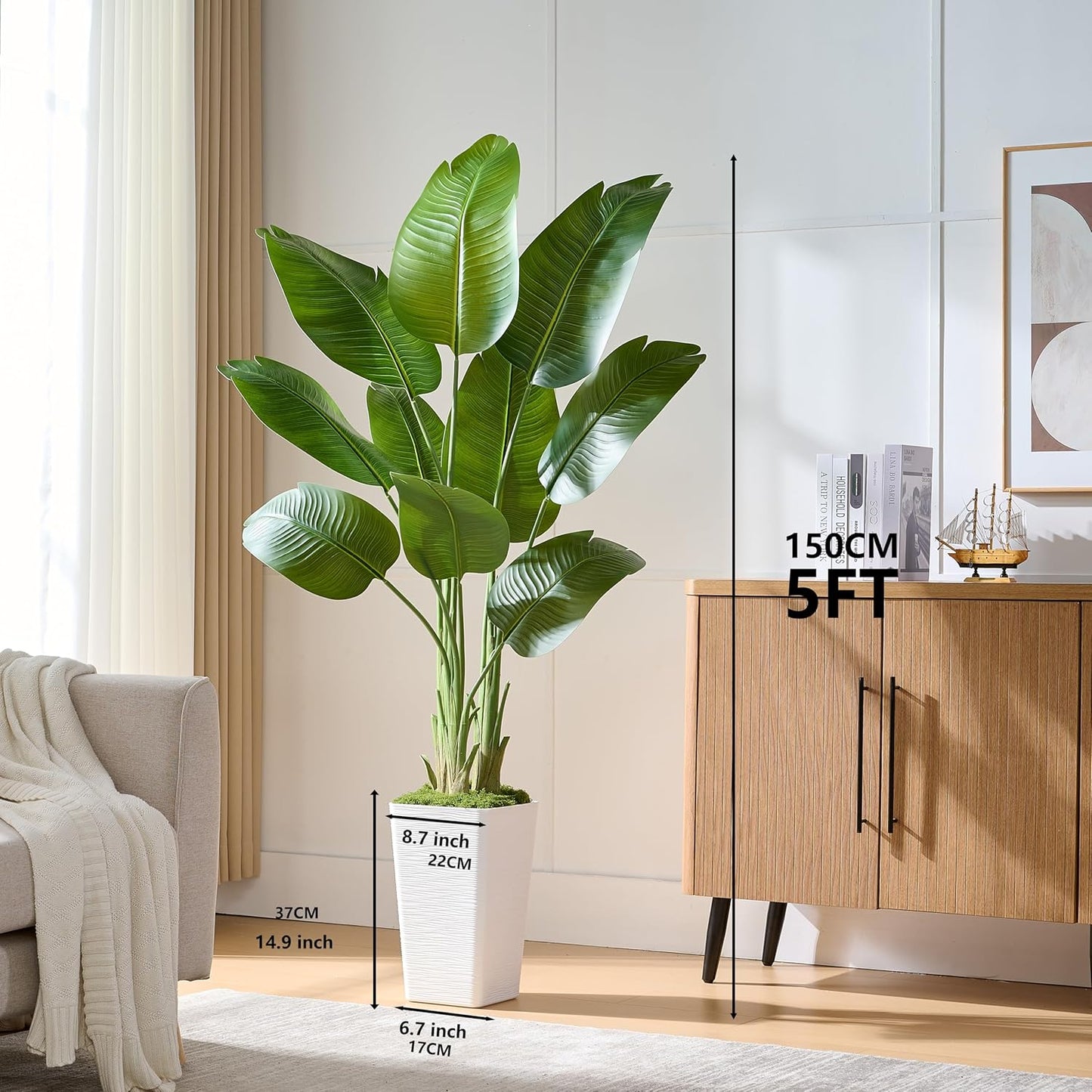 Lifelike Bird of Paradise Silk Artificial Plant Faux Banana Leaf Tree for Home Decor - Perfect Indoor Floor Plant with 9 Trunks (1, White Tall Planter, 5 FT)