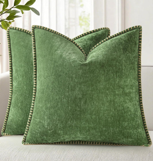 decorUhome Fall Chenille Soft Throw Pillow Covers 26x26 Set of 2, Farmhouse Velvet Neutral Decorative Euro Pillow Covers with Stitched Edge for Couch Sofa Bed Home Decor, Forest Elf