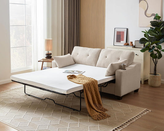 Pull Out Sofa Bed, Full Size Sleeper Sofa, 2-in-1 Convertible Corduroy Couch with USB Charging, Memory Form Couch for Living Room, Apartment and Small Space (Corduroy Beige, Queen Size)