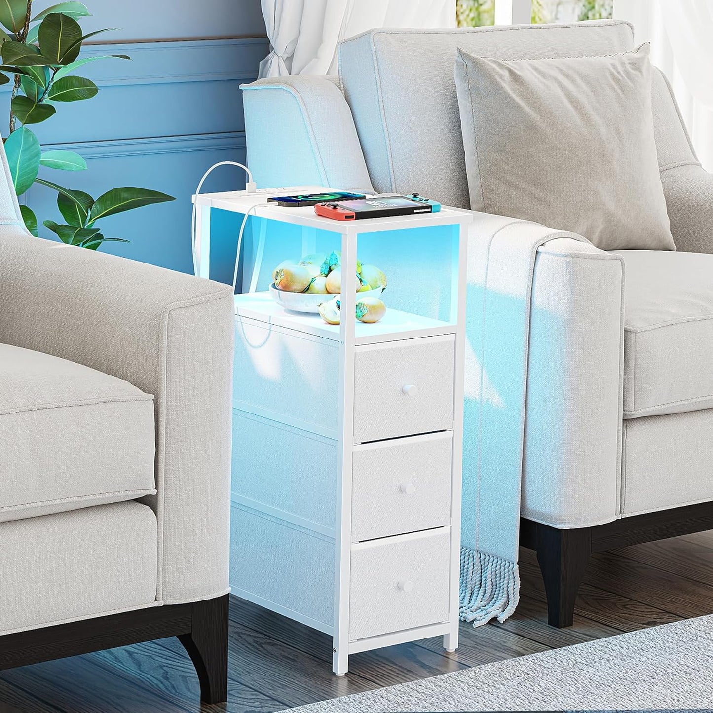 TUTOTAK Narrow LED Night Stand with Charging Station, Slim End Table with Plugins, Tall Side Table with 3 Fabric Drawer, Small Bedside Table with Storage, for Living Room, White TB01BW086L