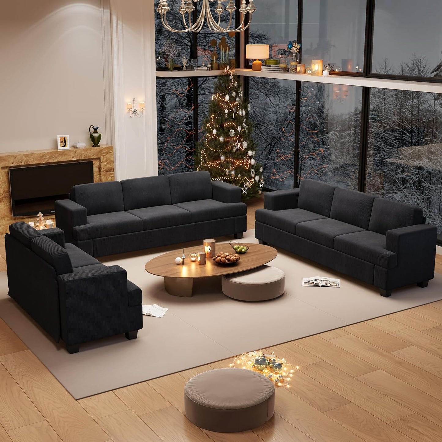 3 Pieces Corduroy Couch Set for Living Room, 8 Seats Cloud Sofa, Deep Seat Floor Couch for Bedroom, Futon Modern Sofa Sectional Bed, Black Corduroy