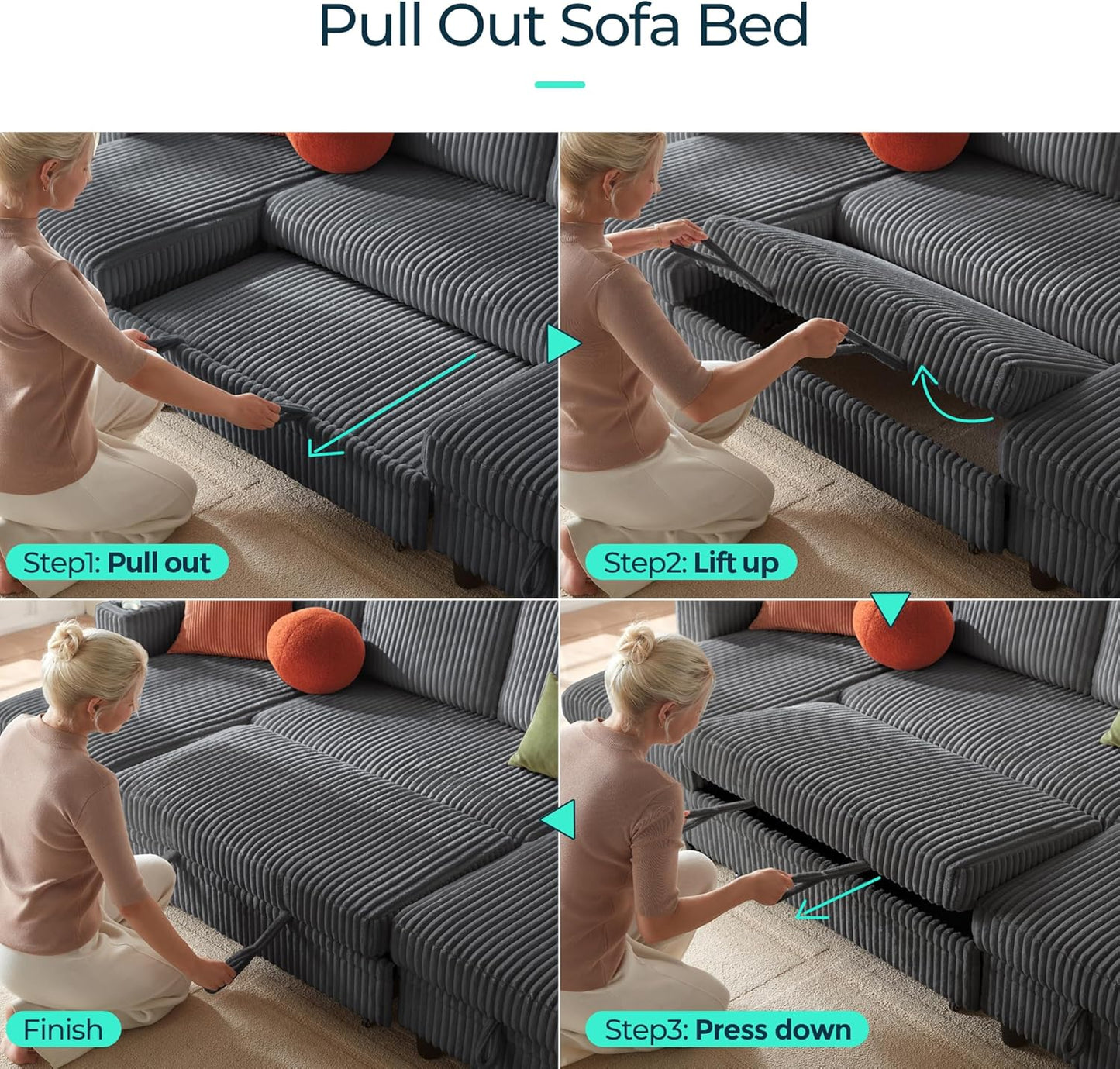 LINSY HOME Sectional Sleeper Sofa with Pull Out Couch Bed - Convertible Plush Corduroy Cloud Couch with Storage Chaise & USB Charging, Comfy Modular Couches for Living Room, Grey