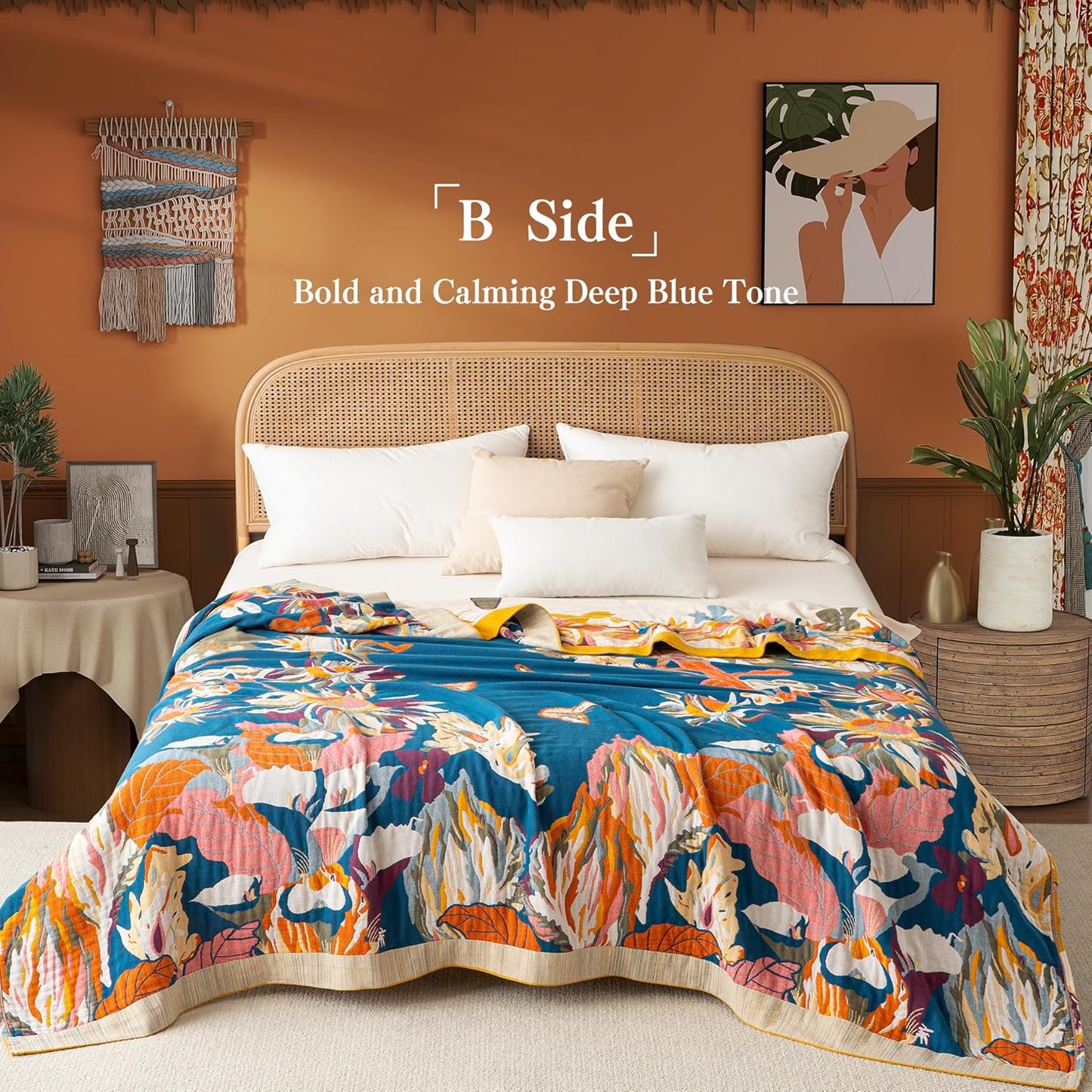 Boho Throw Blanket Twin Size, Soft Cozy Cotton Muslin Quilt Blanket for Bed Decor, Floral Patterned Couch Sofa Chair Cover, Vintage Farmhouse Cottage Tapestry Woven Blanket, Yellow&Blue