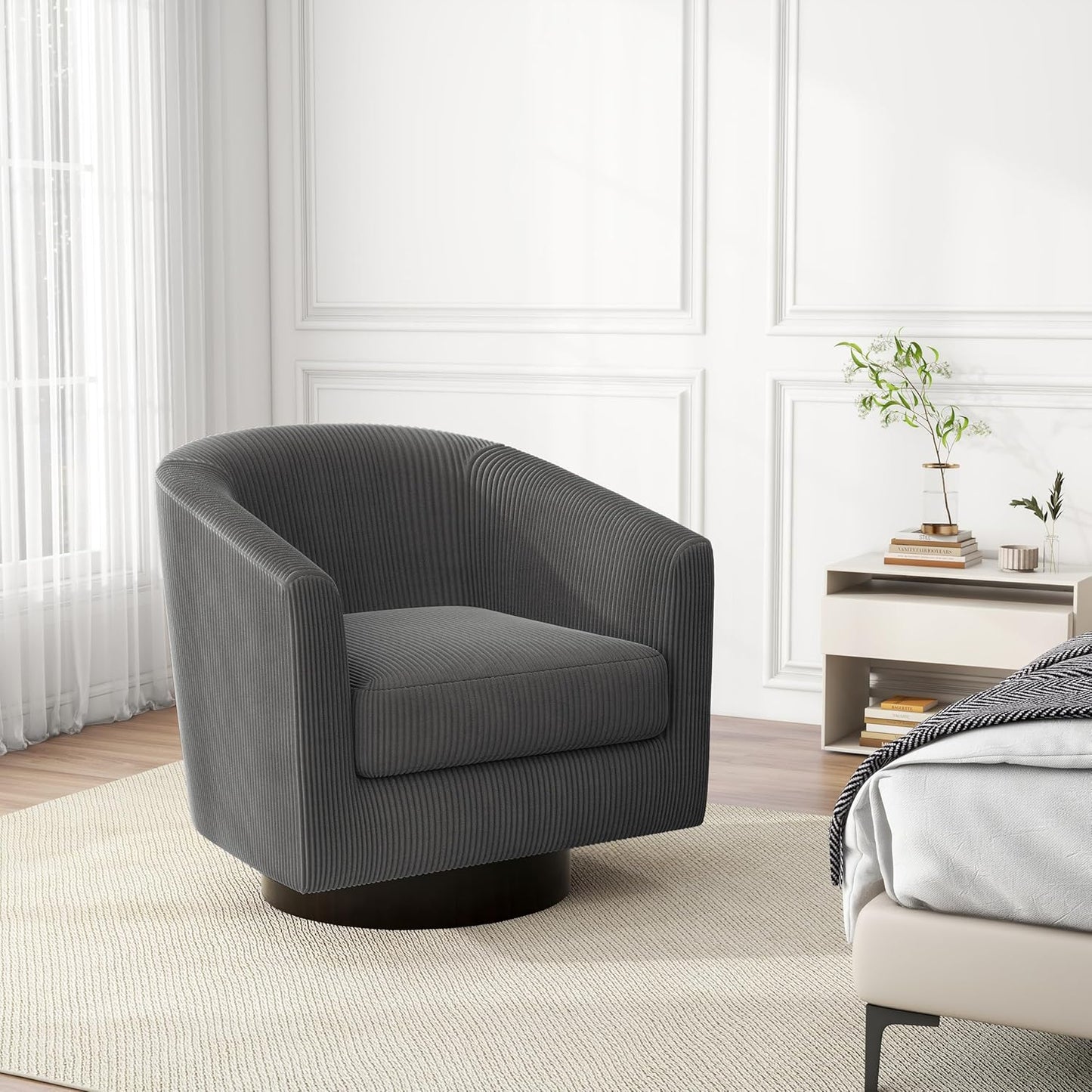 Swivel Barrel Accent Chair, Modern Round Corduroy Fabric Arm Chair for Living Room, Bedroom, Comfy Club Reading Chairs for Adults (Corduroy Grey, Set of 2)