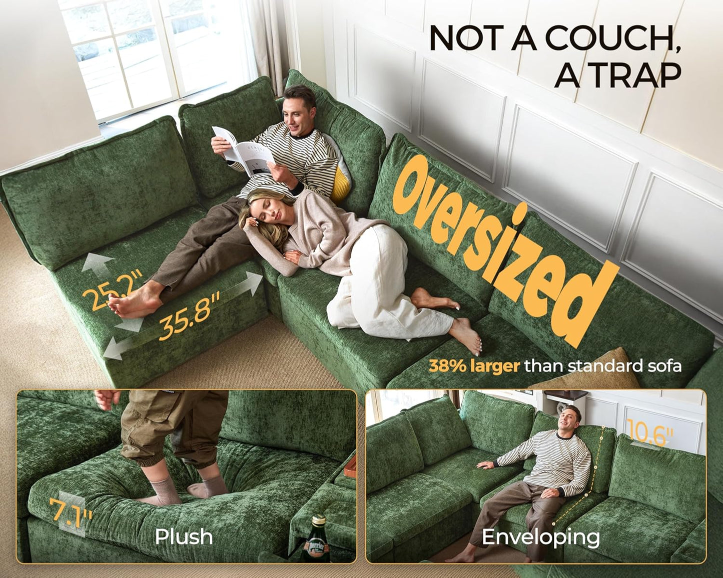 Oversized Modular Sofa Comfy Cloud Couch with Storage, Extra Deep Plush Sectional Sofa Set for Living Room, Covers Washable, Chenille, Olar (Green, 6-Seater with 2 Ottomans, u-Shaped)