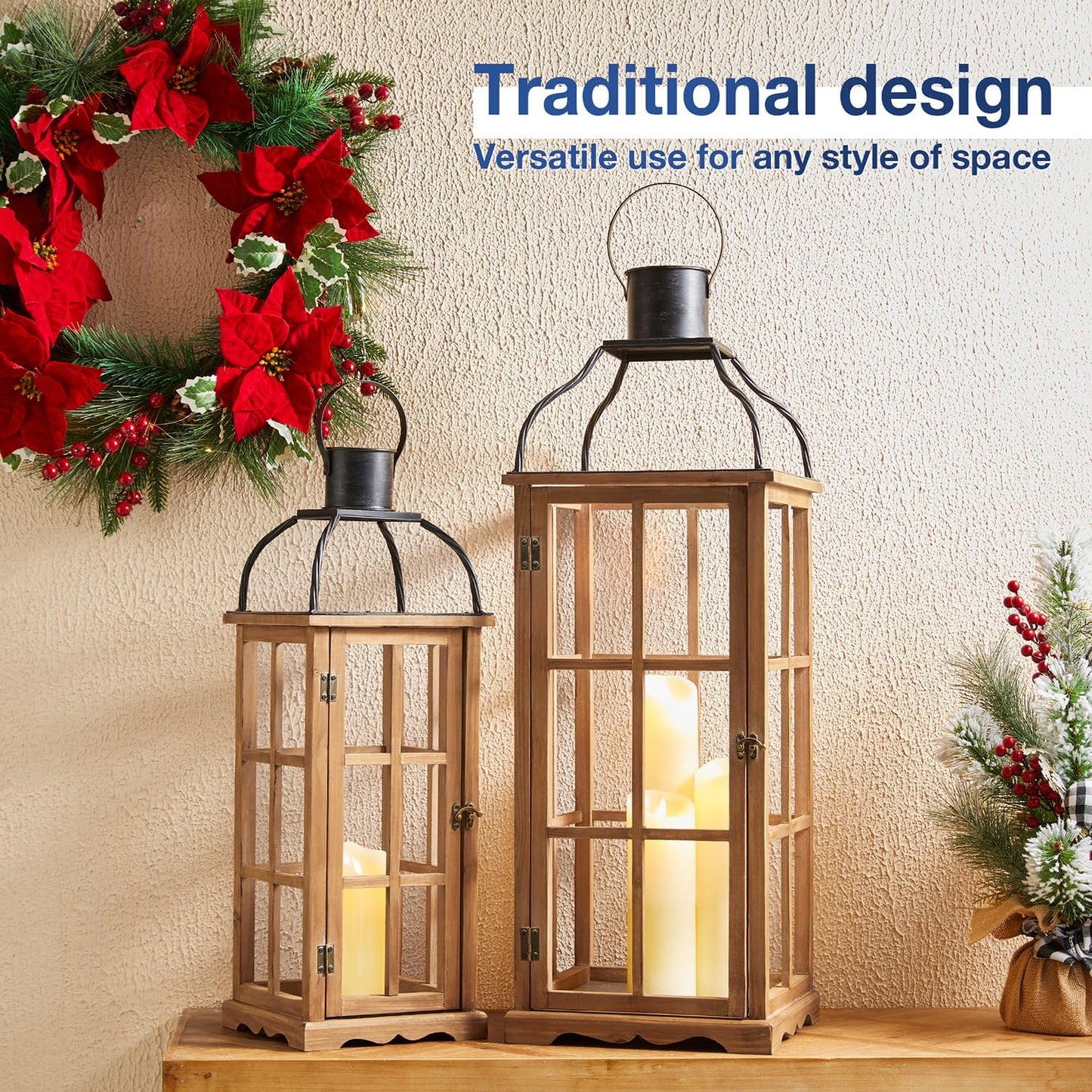 Glitzhome Set of 2 Oversized Farmhouse Wood Lanterns with Metal Top Decorative Hanging Candle Lanterns for Home Décor, Natural (No Glass)