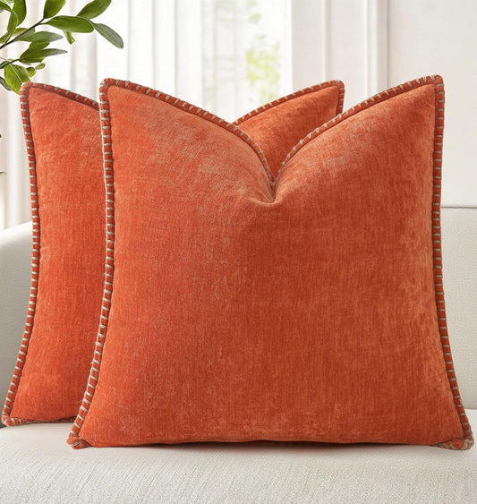 decorUhome Fall Chenille Soft Throw Pillow Covers 26x26 Set of 2, Farmhouse Velvet Neutral Decorative Euro Pillow Covers with Stitched Edge for Couch Sofa Bed Home Decor, Rust