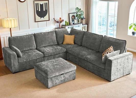 Oversized Modular Sofa Comfy Cloud Couch with Storage, Extra Deep Plush Sectional Sofa Set for Living Room, Covers Washable, Chenille, Olar (Grey, 6-seatser with Corner & Ottoman, v-Shaped)