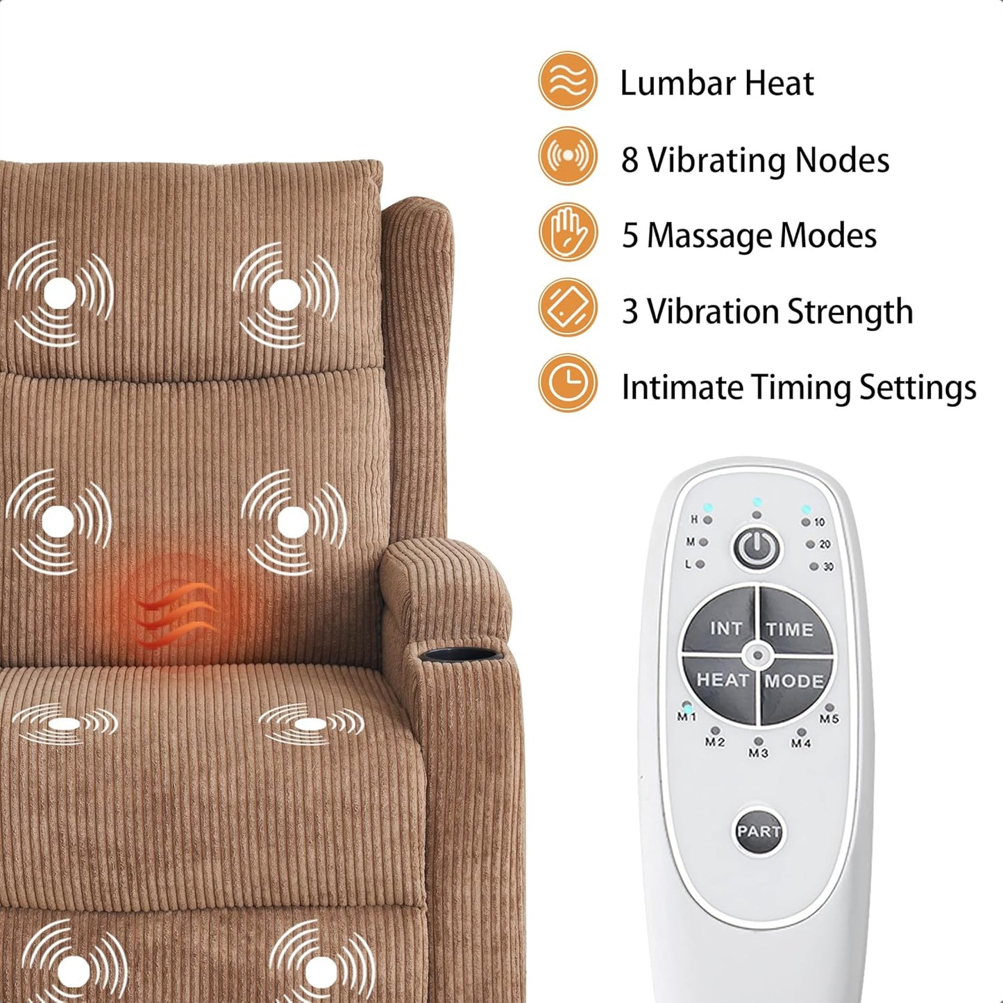 Lift Recliner Chair for Adults with Massage and Heating, Power Lift Recliner Chairs for Elderly, Corduroy Fabric Reclining Chair with USB &Type-C Port, Cup Holders, L6111 (Brown)