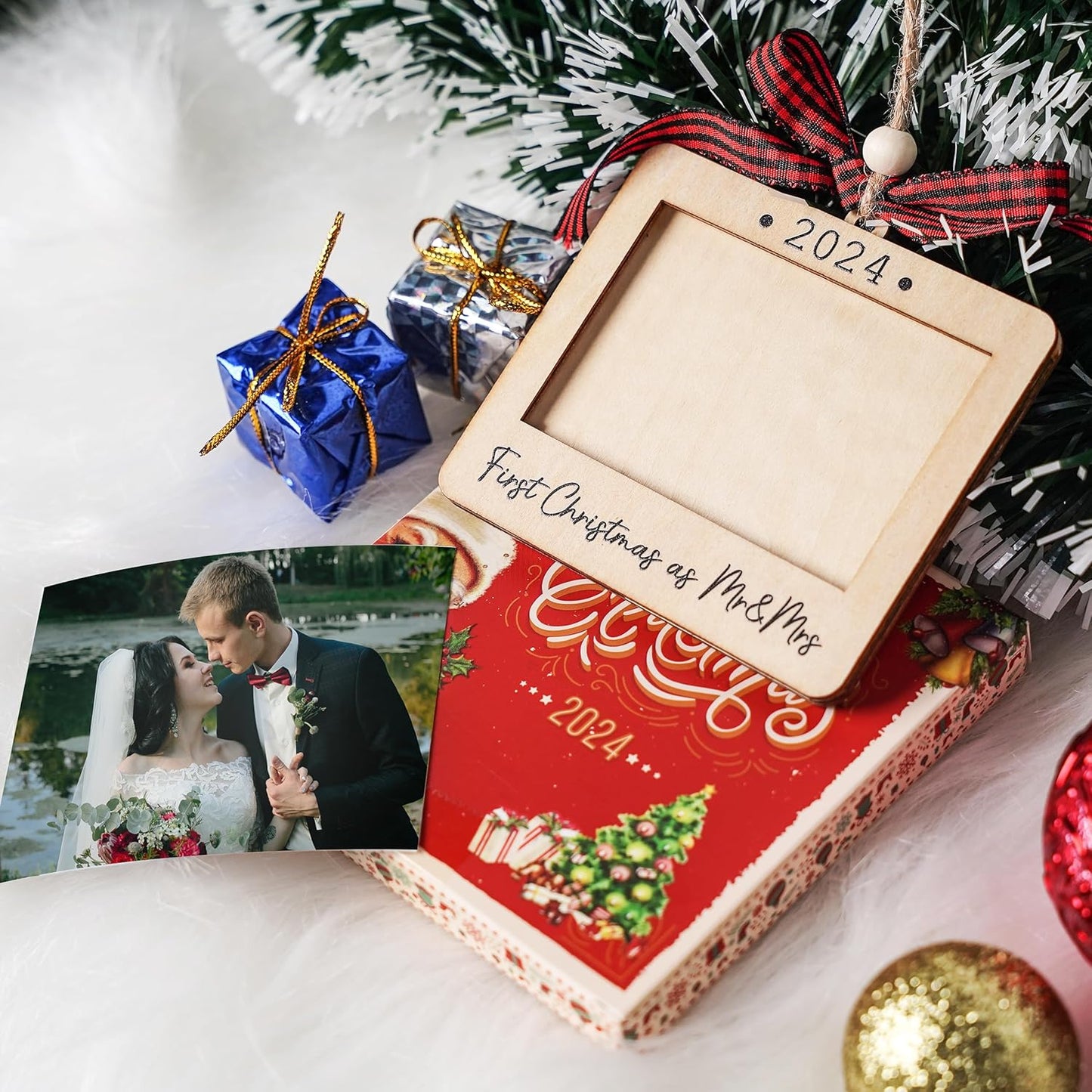 Christmas Photo Frame Ornament, 2024 Ornament, Wooden Picture Frame Ornaments With Hanging String (First Christmas As Mr & Mrs (Landscape))