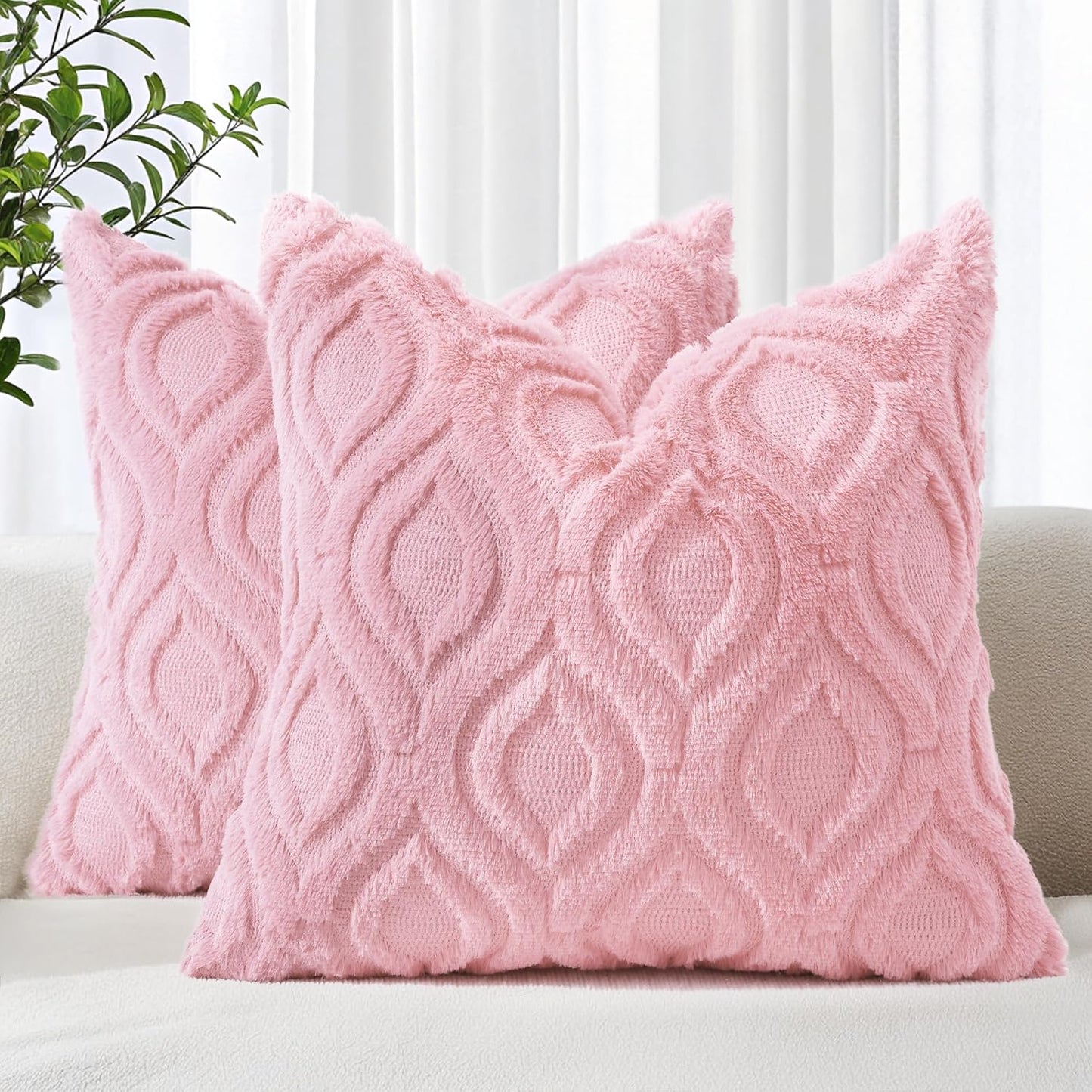 decorUhome Throw Pillow Covers 20x20 Inch Set of 2, Soft Plush Decorative Faux Fur Light Pink Solid Couch Pillow Covers, Accent Farmhouse Neutral Square Euro Pillow Cases for Sofa Bed Living Room
