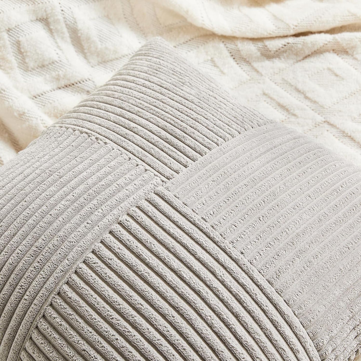 Fancy Homi 2 Packs Neutral Grey Euro Decorative Throw Pillow Covers 26x26 Inch for Couch Bed Sofa, Rustic Farmhouse Boho Home Decor, Soft Corss Corduroy Patchwork Textured Square Cushion Case 66x66 cm