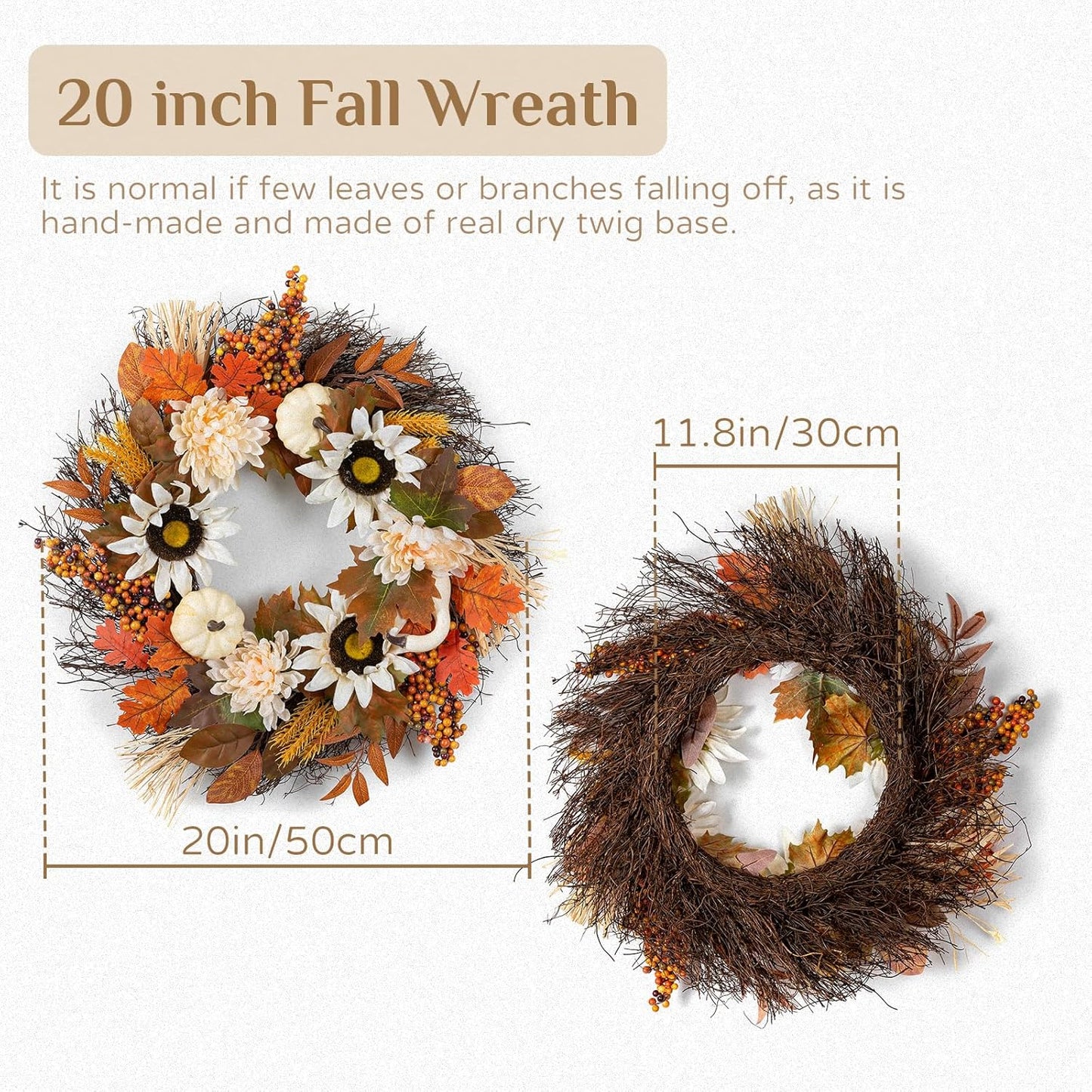 Fall Wreaths for Front Door Decor - Walasis 20 Inch Thanksgiving Wreath with Maple Leaves White Pumpkin Daisy Sunflower Wreath Autumn Harvest Decorations for Table Front Porch