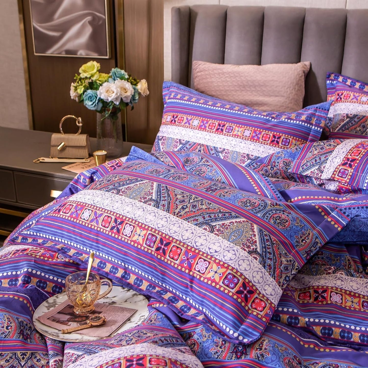 ABREEZE Bohemian Vintage Twin Size Floral Cotton Bedding Set 3Pcs Duvet Cover Set Boho Purple Paisley 100% Egyptian Brushed Cotton Reversible Home Bedding Collection