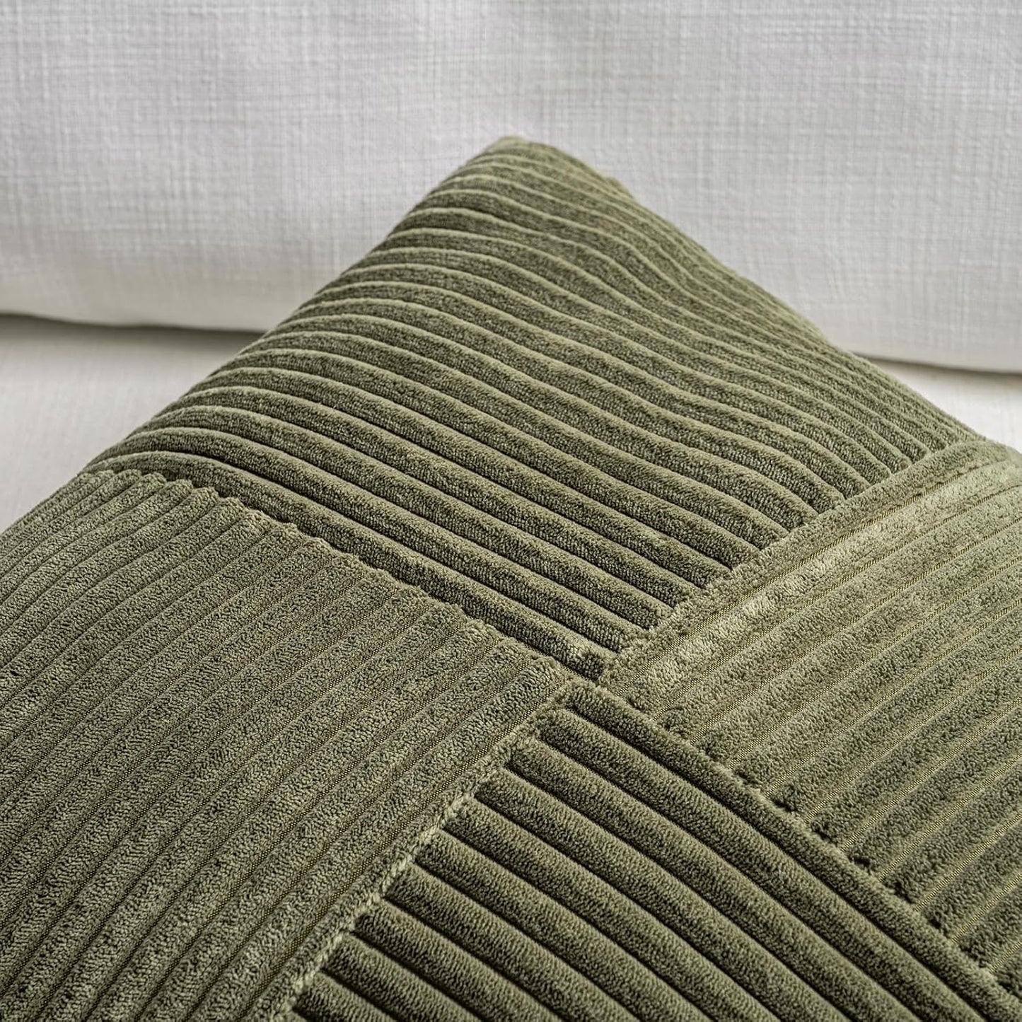 Fancy Homi Set of 2 Olive Green Boho Long Lumbar Body Decorative Throw Pillow Cover 14x36 Inch for Bed Couch Bedroom Bench, Soft Patchwork Corduroy Textured Pillow Case, Rustic Farmhouse Room Décor