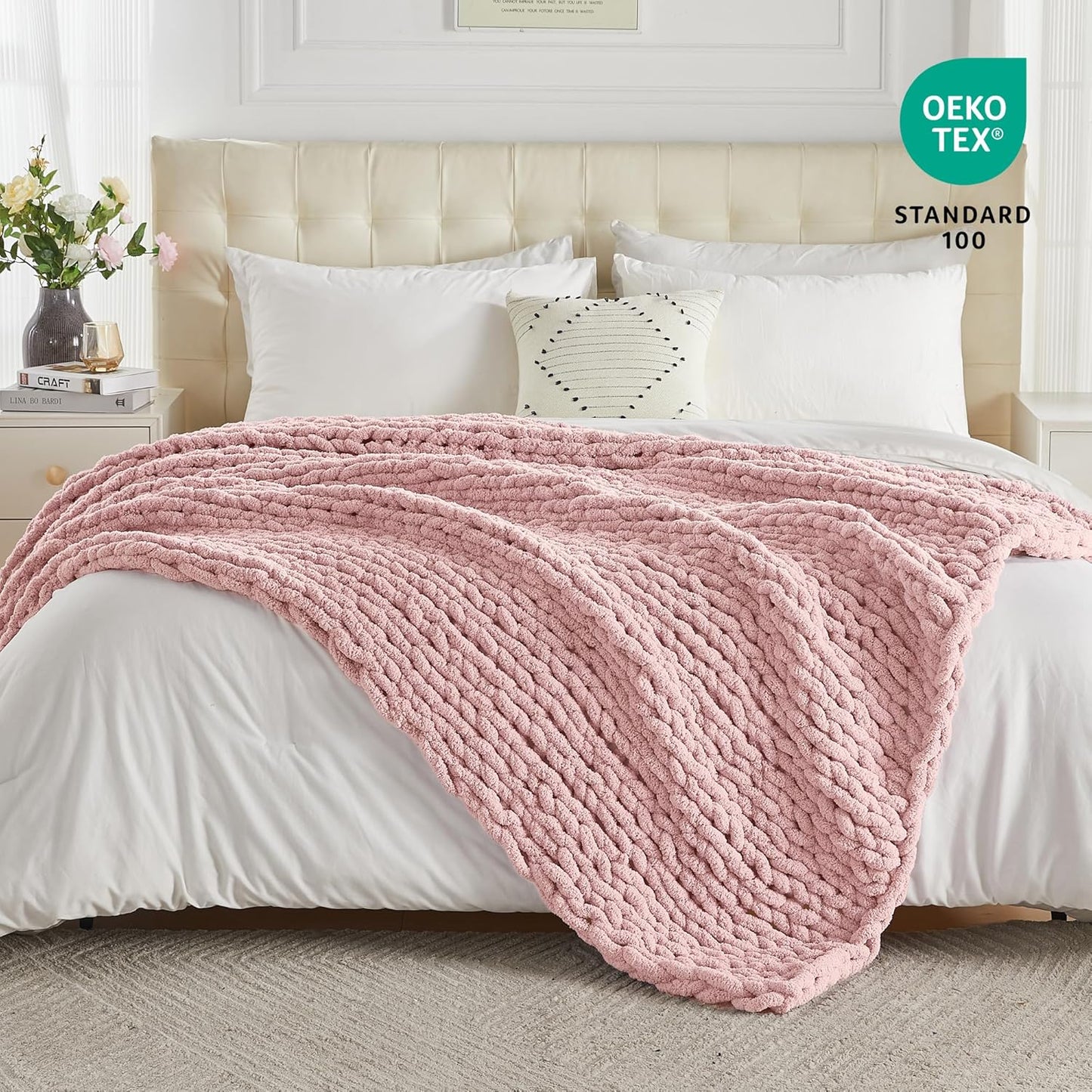 Carriediosa Chunky Knit Throw Blanket 50" X 60", 100% Hand Made Large Chenille Loop Yarn Soft Fluffy Throws for Couch Sofa Bed, Big Crochet Cozy Heavy Thick Cable Woven Blankets, Dusty Pink
