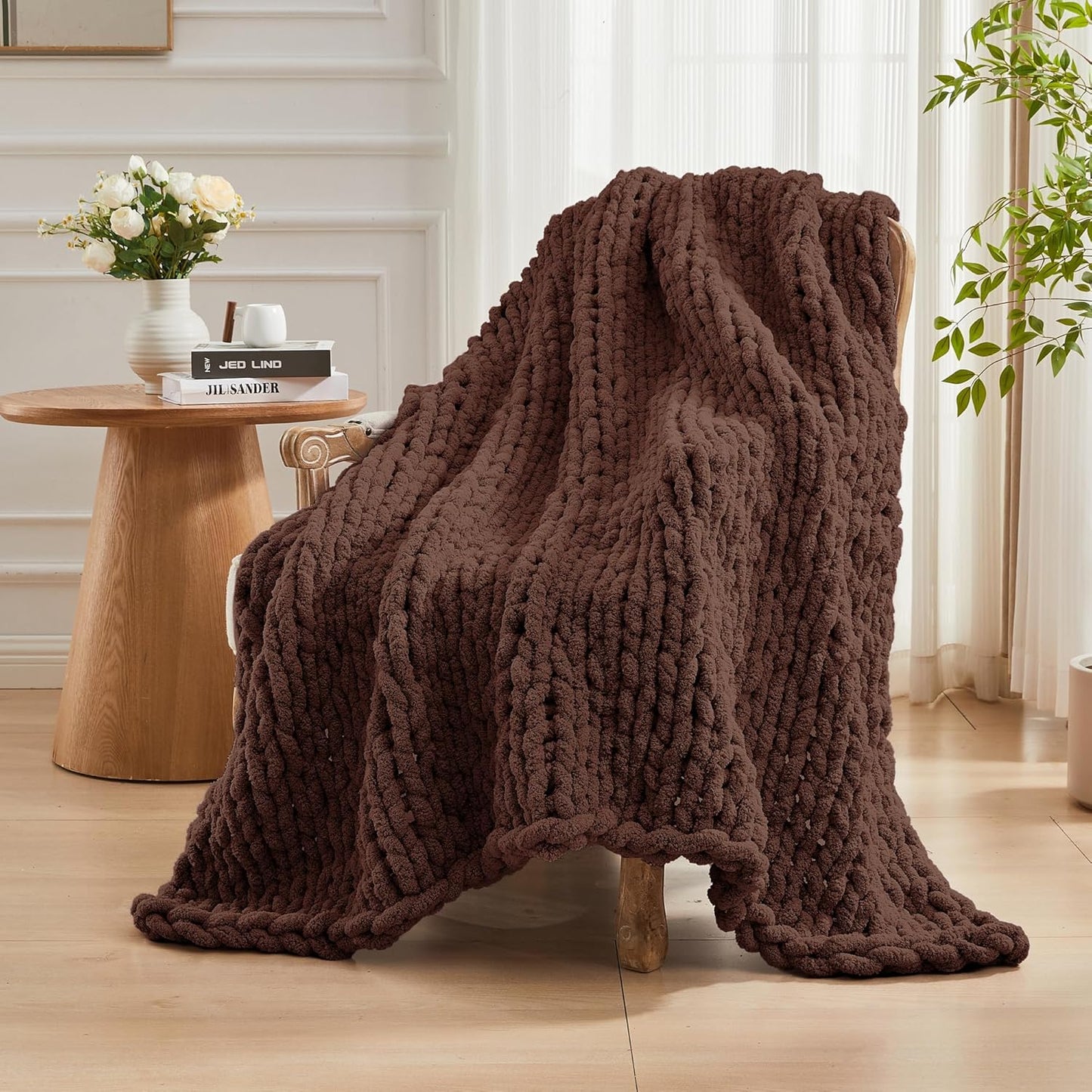 Carriediosa Chunky Knit Throw Blanket 60" X 80" Twin, 100% Hand Made Large Chenille Loop Yarn Soft Fluffy Throws for Couch Sofa Bed, Big Crochet Cozy Heavy Thick Cable Woven Blanket, Cocoa Brown