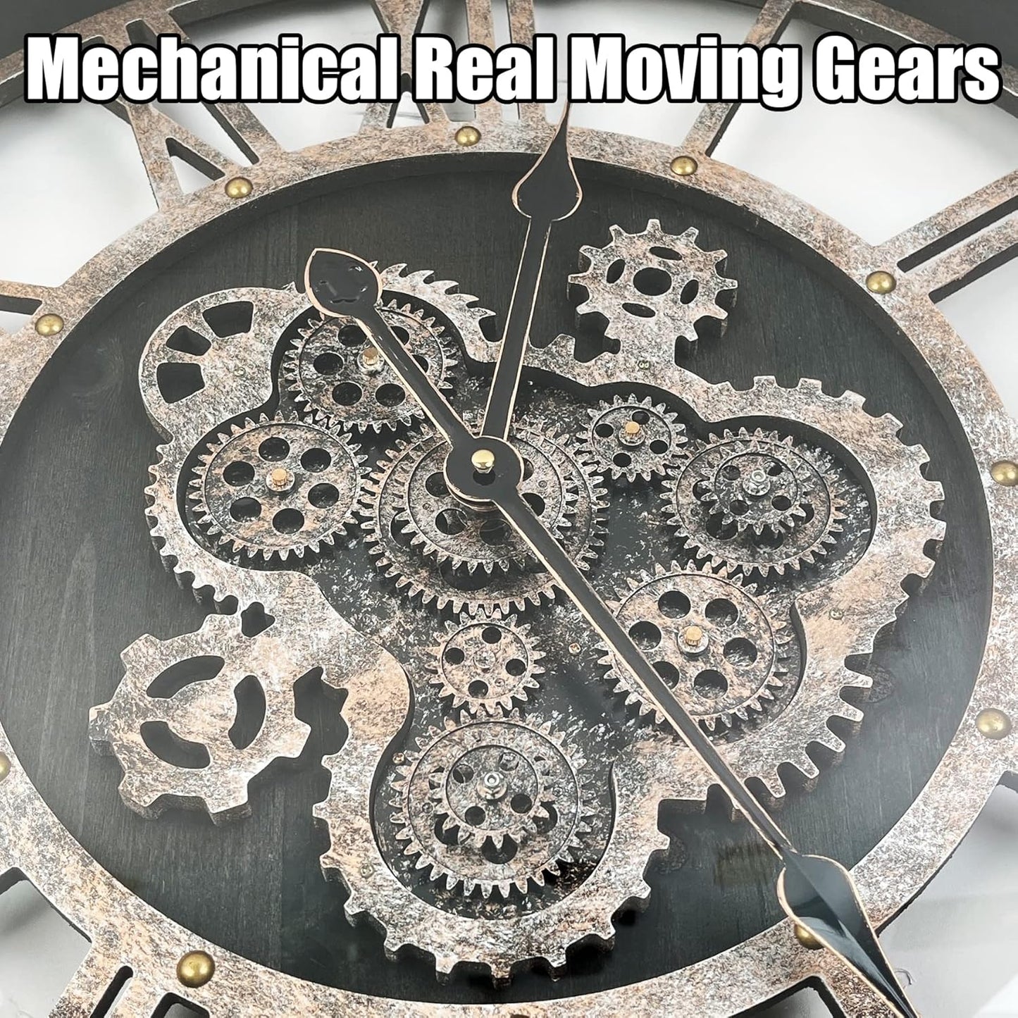 DORBOKER 24" Large Wall Clock with Moving Gears,Oversize Vintage Industrial Rustic Farmhouse Clocks for Living Room Decor Office Home,Solid Wood HD Tempered Glass Cover,Vintage Black