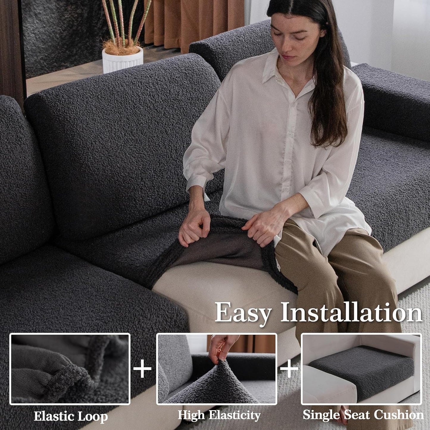 Couch Cushion Covers for Sectional Sofa, Stretch Soft Sofa Slipcovers Washable Wear-Resistant Universal Furniture Protector for Living Room(1 Piece Chaise Cover, Dark Gray)