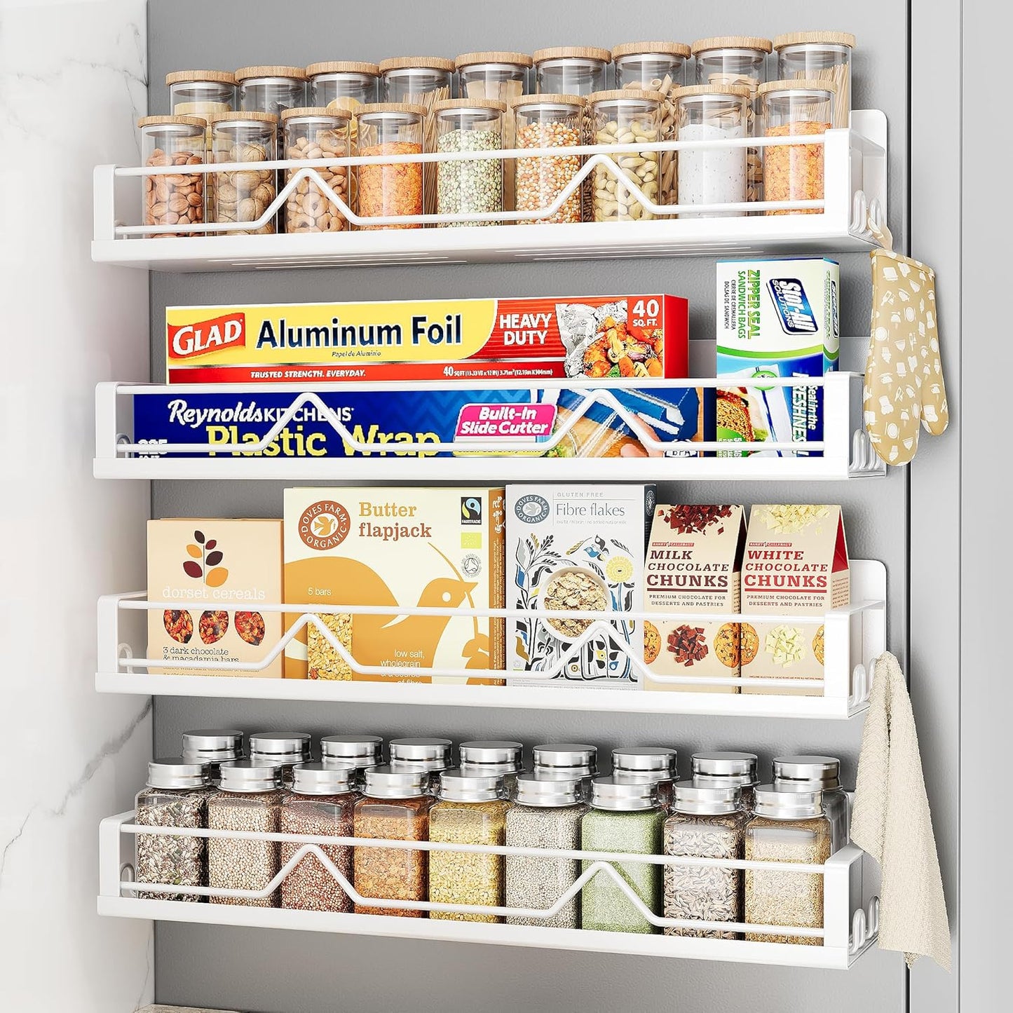 16.9 Inch Wide Large Capacity Magnetic Spice Rack for Refrigerator, 4 Pack Metal Fridge Shelf, White