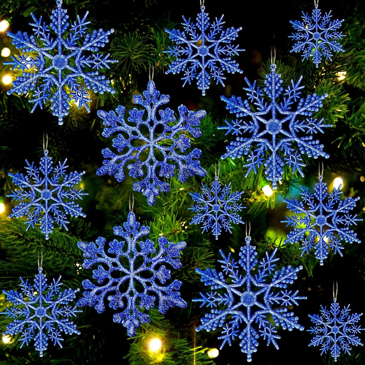 Christmas Tree Decorations Snowflake Ornaments 36Pcs Blue Silver Glitter Plastic Hanging Snowflakes from Ceiling Snow Flakes Decorating Hanging for Winter Wonderland Decorations Indoor Outdoor Decor